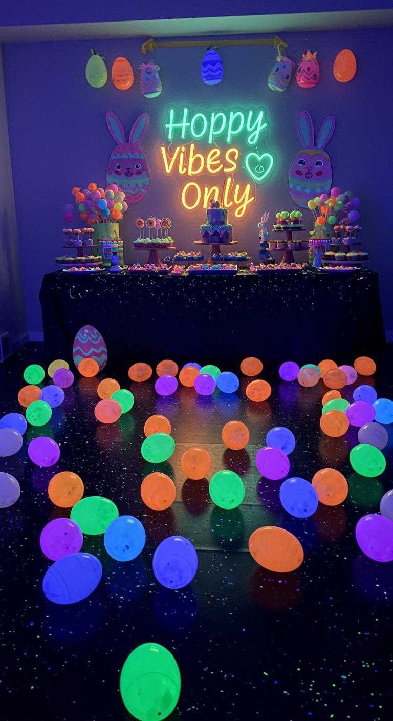Neon Easter Party Space - A brightly lit room, dominated by neon decorations for an Easter party. Glowing plastic eggs scattered across a dark floor, illuminated by blacklights, with neon paint slightly chipping off some. A large neon sign reading "Hoppy Vibes Only" hangs on the wall, casting a colorful glow on the scene. A table laden with desserts featuring neon food coloring, slightly uneven frosting, sits in the background, with upbeat music faintly audible.