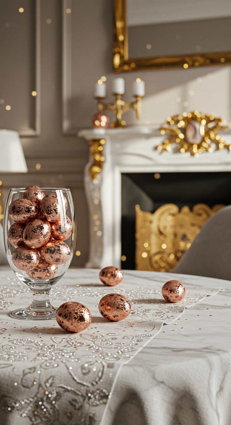 Glam Easter Room - A luxurious Easter room bathed in soft, diffused light. A clear glass vase overflows with glittery, rose gold Easter eggs on a white marble table. The table is draped with a cream-colored linen tablecloth subtly embroidered with silver threads, slightly wrinkled near the edge. A few stray glitter particles are visible on the table surface, adding to the glamorous yet realistic scene.
