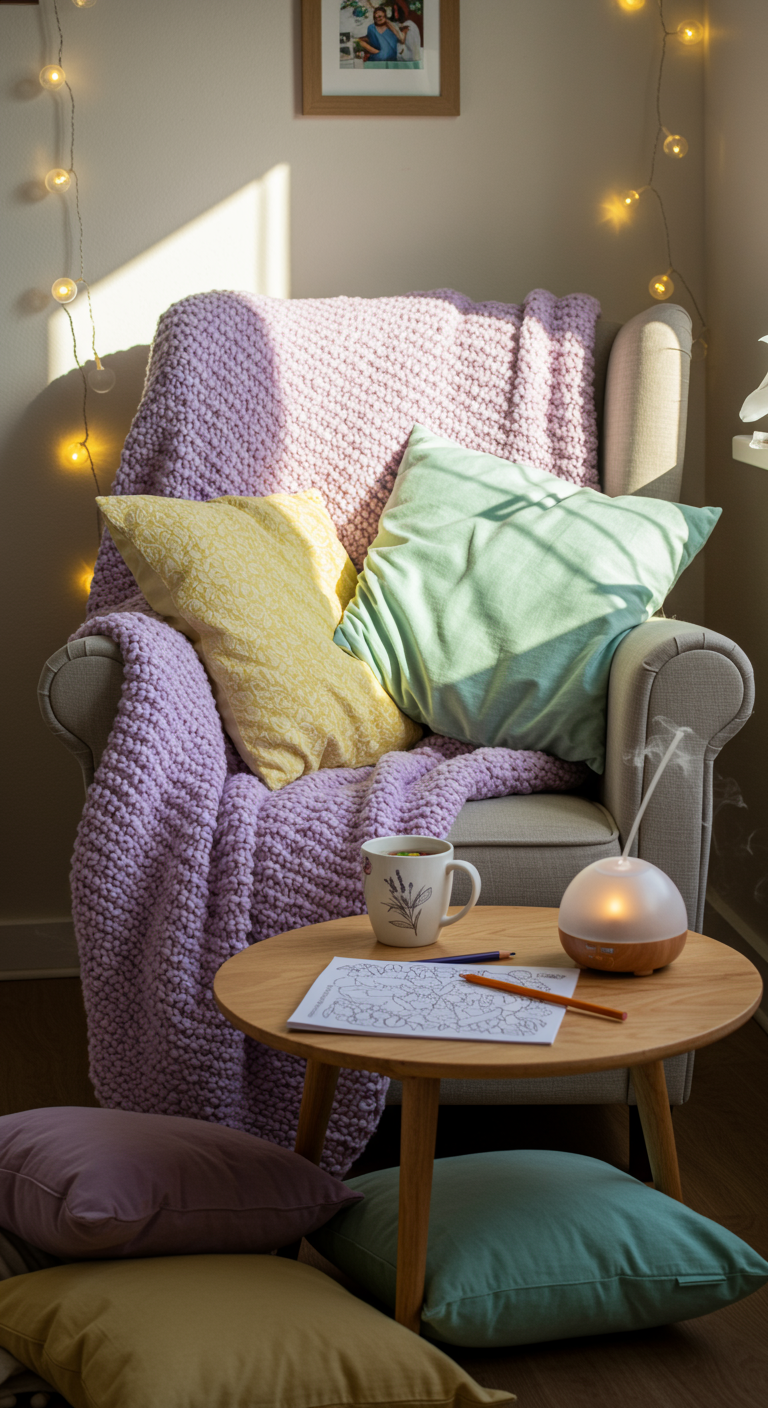 Easter Sanctuary - A sun-drenched, cozy reading nook bathed in soft, natural light, featuring an oversized armchair draped with a pastel-colored knitted blanket. Several plush pillows in varying shades of lavender, pale yellow, and mint green are scattered on the chair and floor. A small, round wooden table sits beside the chair, holding a steaming mug of herbal tea, a partially opened adult coloring book with colored pencils, and a frosted glass diffuser emitting a gentle plume of lavender-scented vapor. Soft string lights are artfully hung along the wall behind the chair, casting a warm, inviting glow, with a slightly crooked picture frame hanging above.