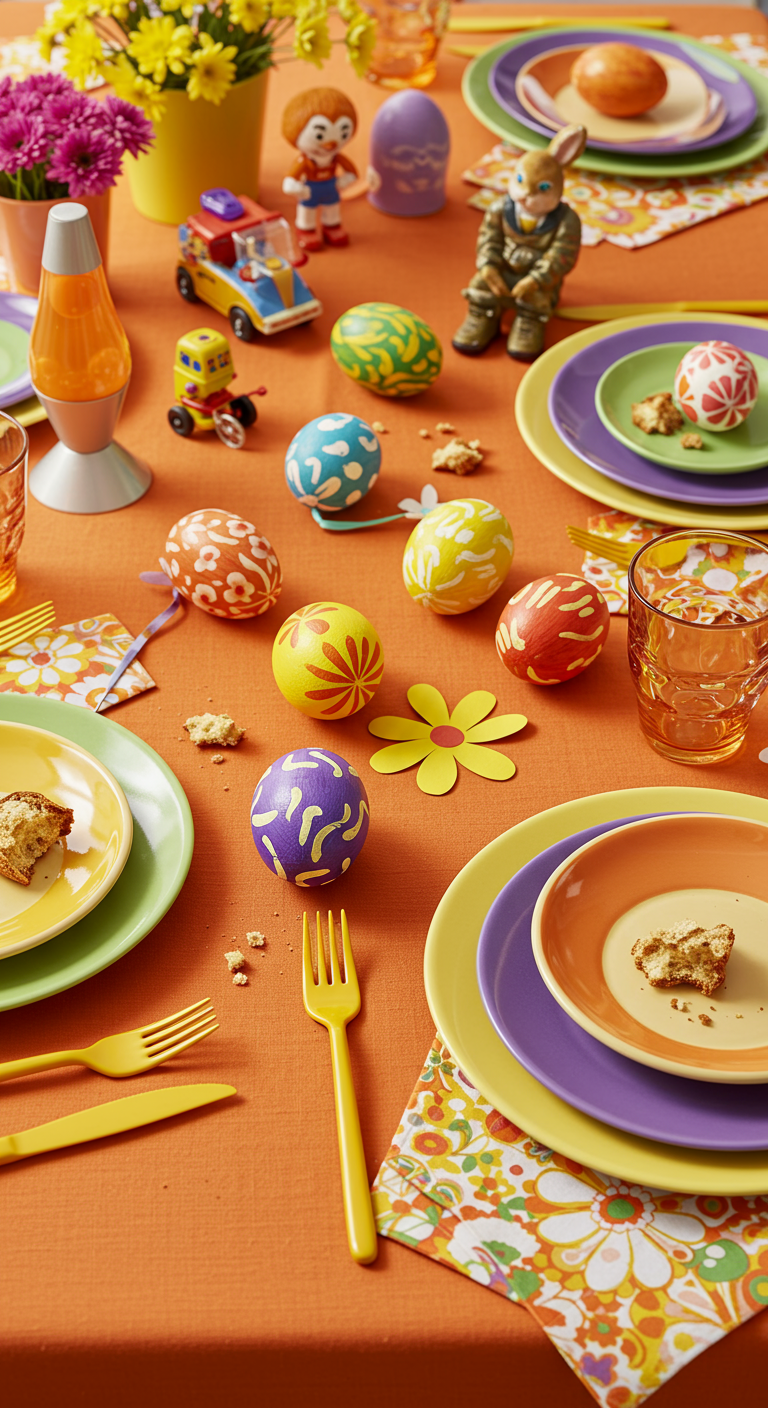 Groovy Easter Place - A vibrant, retro-inspired Easter table setting. A bright orange tablecloth is the base, adorned with mismatched plates in shades of yellow, green, and purple. Napkins with floral and geometric patterns are casually folded. A centerpiece features vintage toys and a miniature lava lamp. Hand-painted Easter eggs with bold, psychedelic patterns are scattered across the table, alongside handmade paper flowers in various bright hues. A few crumbs are visible near a plate, and one of the paper flowers is slightly crumpled, adding a touch of realism.