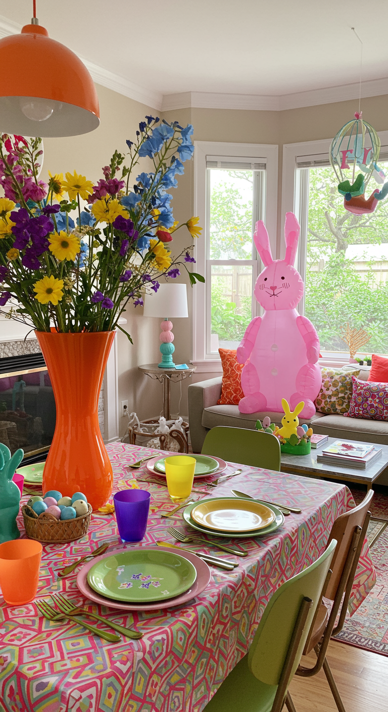 Bold Easter Look - A living room interior, bathed in natural light, showcasing a bold Easter theme. A vibrant orange vase holds a large, asymmetrical floral arrangement featuring purple, yellow, and electric blue flowers. The dining table is covered with a tablecloth displaying a geometric pattern in neon pink and green, complemented by mismatched brightly colored plates and silverware. A slightly deflated, oversized inflatable bunny stands in the corner, adding a touch of playful absurdity.