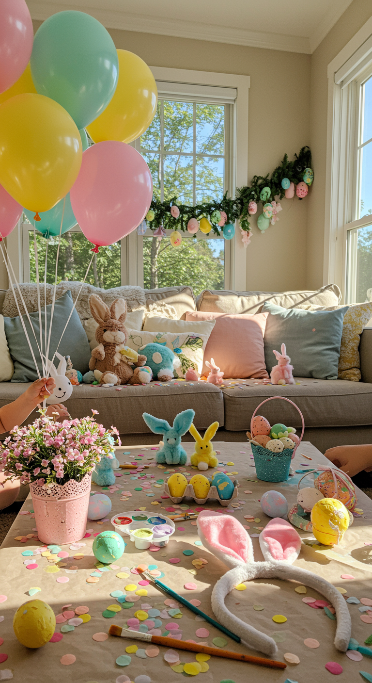 Easter Wonderland - A sun-drenched living room transformed into an Easter Wonderland. Pastel-colored balloons float near a garland of faux flowers and speckled eggs. A child's hand reaches for a hidden, brightly-colored egg nestled amongst plush bunny figurines and scattered confetti. Imperfectly painted, glitter-covered eggs sit on a craft table, alongside scattered paintbrushes and a half-finished pair of bunny ears, suggesting a recent DIY project.