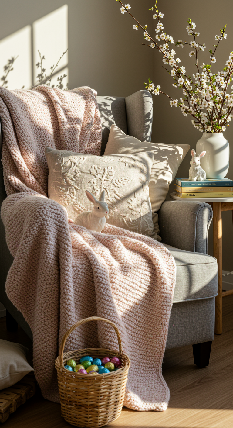 Cozy Easter Nook - A sunlit corner featuring a plush armchair draped with a pastel-colored knit blanket and several decorative cushions. A small wooden side table holds a stack of books with Easter-themed covers, topped with a ceramic bunny figurine. A woven basket filled with colorful chocolate eggs sits near the chair, and a vase with delicate spring blossoms provides a soft, natural accent. The scene includes subtle imperfections, like a slightly wrinkled blanket and a few dust motes caught in the sunlight, enhancing the realism.