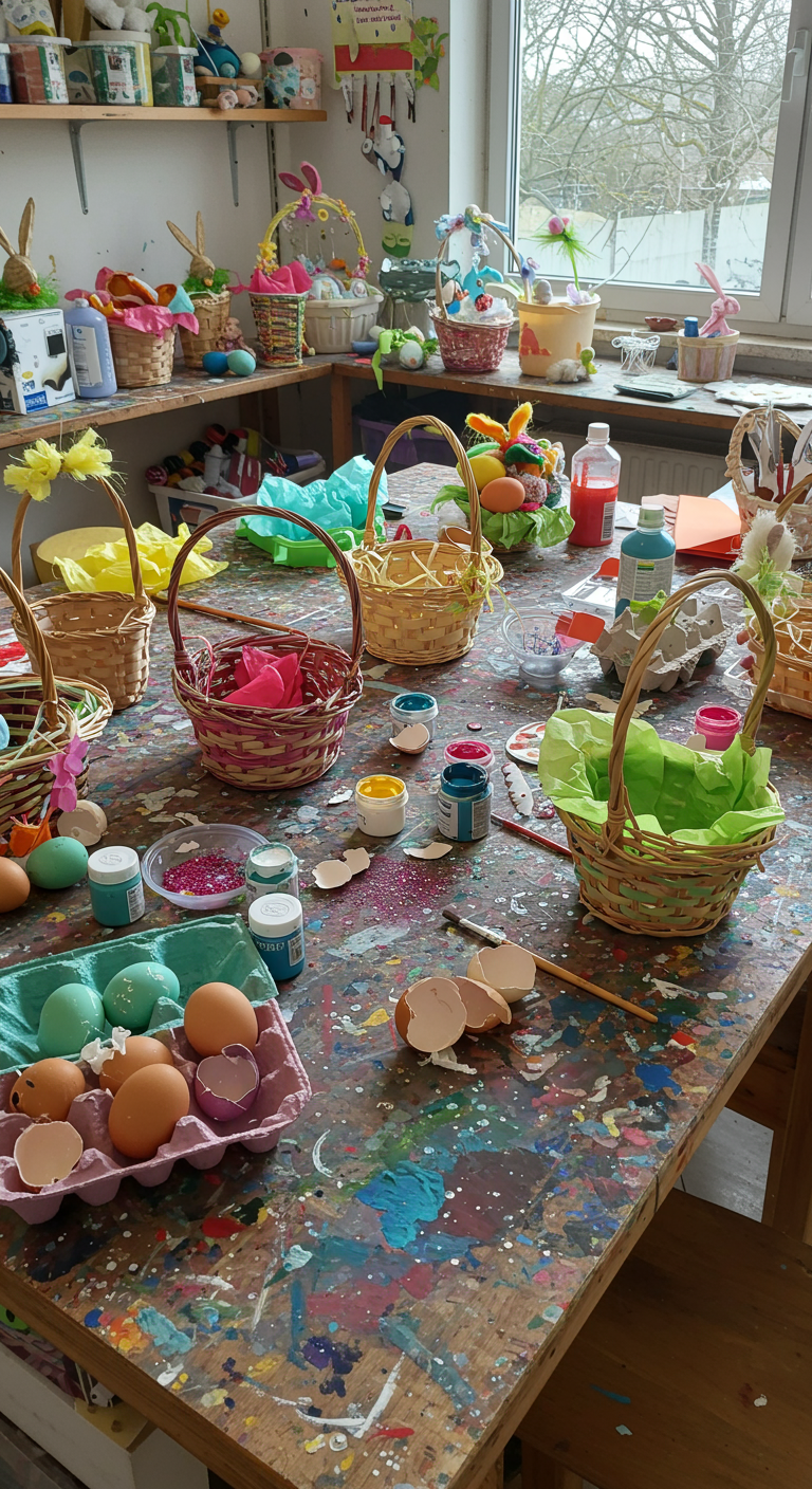 Easter Art Studio Vibe - A brightly lit art studio, overflowing with Easter crafting supplies. A large wooden table dominates the center, splattered with vibrant acrylic paints, glitter, and scattered eggshells. Unfinished Easter baskets sit amidst piles of colorful tissue paper and partially decorated eggs. Natural light streams in from a large window, illuminating the organized chaos and highlighting the texture of the various materials. A few stray paintbrushes lie haphazardly on the table, hinting at the creative process in motion.
