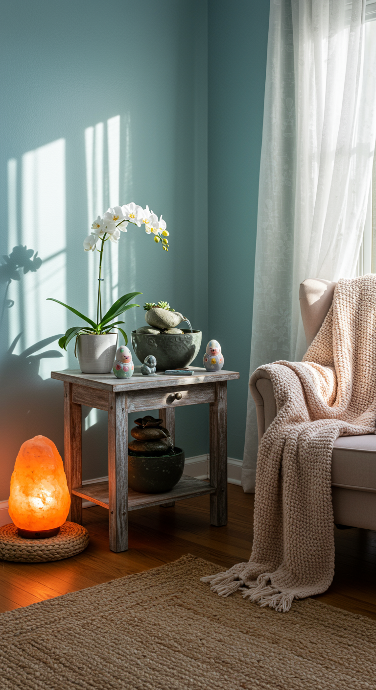 Easter Zen Zone - A sun-drenched corner of a living room transformed into an Easter Zen Zone. Soft pastel blue walls are accented by a plush, pale pink armchair draped with a knitted throw blanket. A small, weathered wooden table holds a miniature water fountain with smooth river stones, surrounded by potted succulents and a single, blooming white orchid. Sunlight streams through sheer curtains, illuminating dust motes in the air and casting a warm glow on a Himalayan salt lamp resting on a woven rug.
