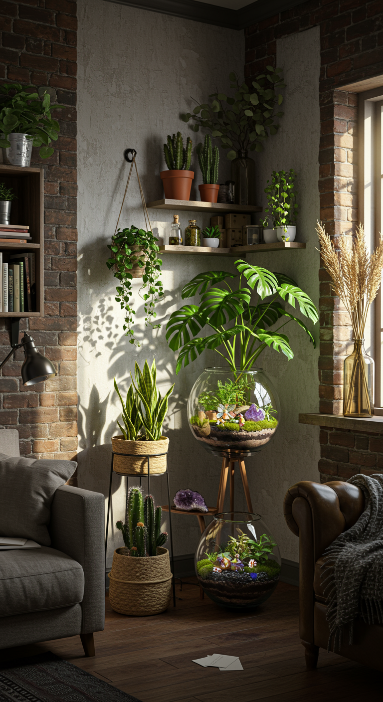 Magical Nature Indoors - Photorealistic interior design image, green corner in a sunlit living room, featuring a large monstera plant in a terracotta pot, a snake plant in a woven basket, and a pothos cascading from a floating shelf. Visible background elements include a linen couch, a wooden bookshelf filled with books, and textured white walls. Morning sun streams through sheer curtains, casting realistic shadows.