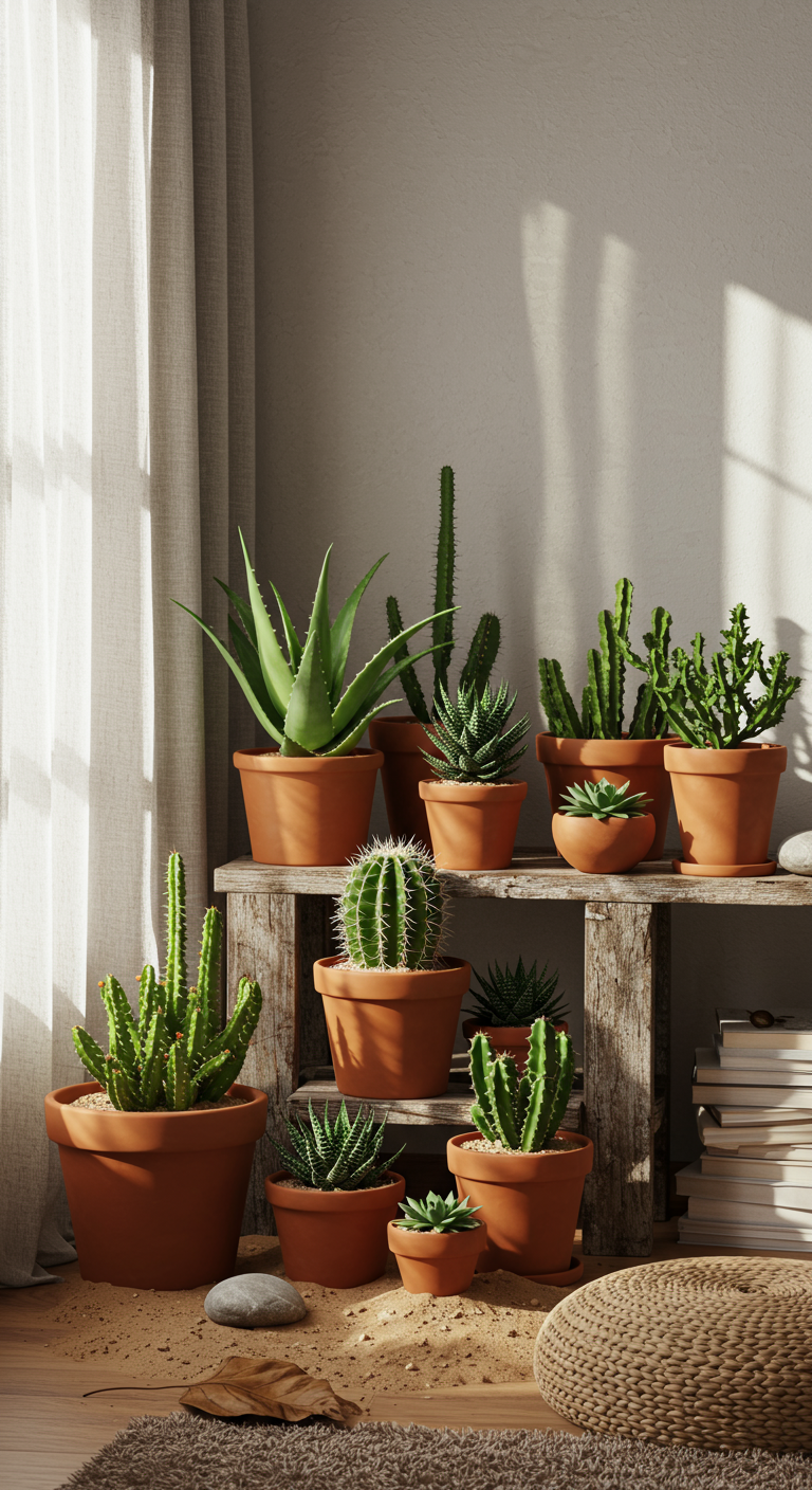 Desert Inspired Green Corners - Photorealistic interior design, a sun-drenched desert-inspired green corner in a modern apartment. Terracotta pots house a variety of cacti and succulents, including aloe vera and echeverias, arranged on a weathered wooden shelf. Coarse sand and small rocks surround the plants, mimicking a desert landscape. Visible dust motes in the air, slightly crooked plant labels, and a single dried leaf on the shelf add realism. Sunlight streams through a sheer linen curtain, casting dappled shadows on a textured white wall. Background shows a glimpse of a minimalist couch with a woven throw and a stack of books.
