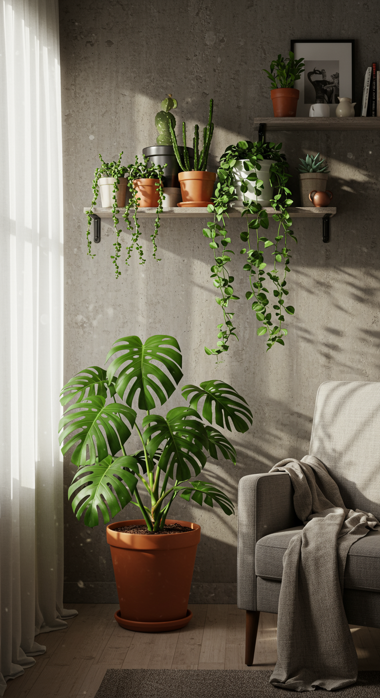 Urban Oasis Design - Photorealistic interior design, a sun-drenched urban apartment alcove transformed into a green corner. A large monstera plant in a terracotta pot sits on the floor, its leaves casting shadows on a textured concrete wall. Above, a floating shelf displays a collection of smaller succulents in ceramic pots, with trailing pothos vines cascading down.