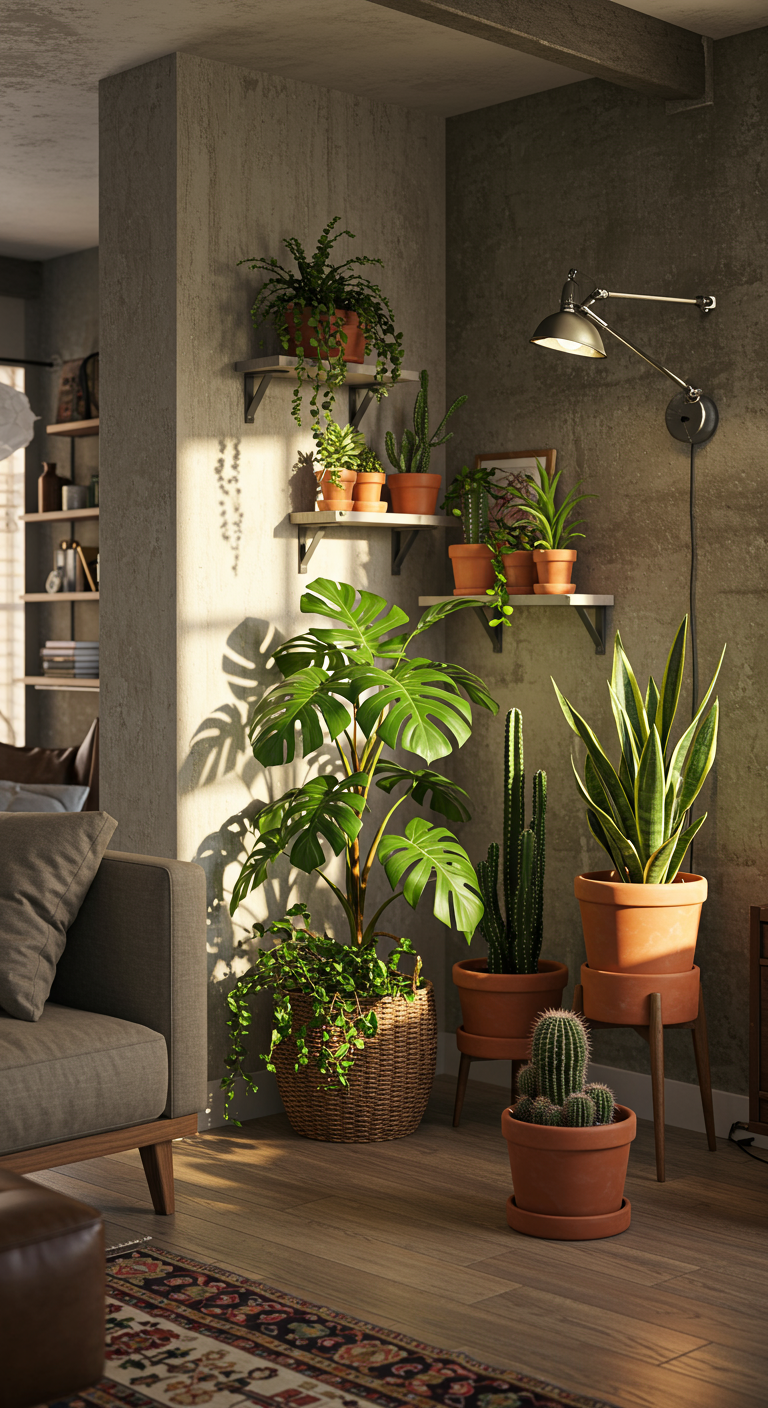 Lush Green Corners - Photorealistic interior design photograph: A lush green corner in a sunlit living room, featuring a variety of plants including a large monstera, cascading pothos, and a tall snake plant in terracotta pots. The corner is illuminated by bright morning sun streaming through a sheer curtain, casting realistic shadows on the textured wall behind. A comfortable couch with linen cushions and a wooden bookshelf filled with books and decorative objects are visible in the background, slightly out of focus.