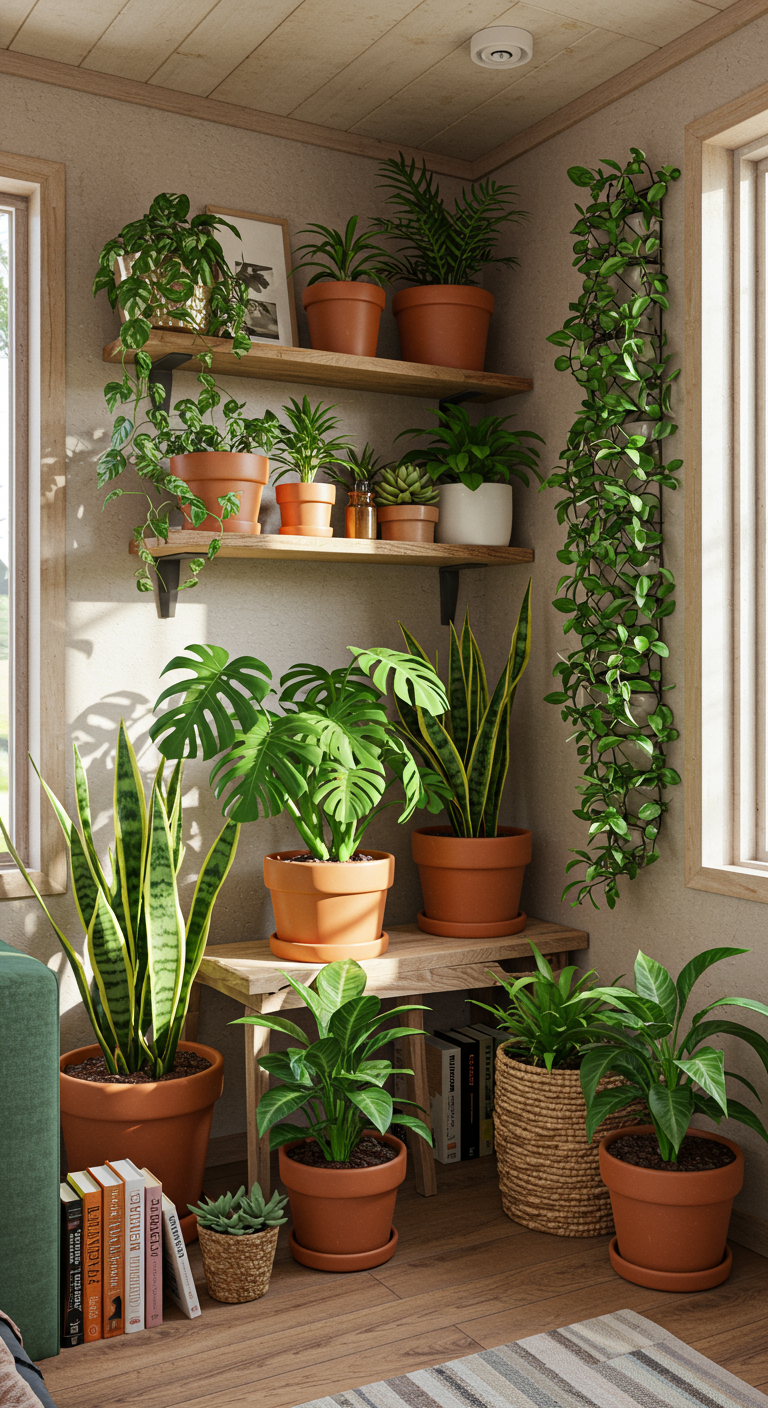 Tiny House Nature - Photorealistic interior of a tiny house, showcasing a dedicated green corner filled with a diverse collection of plants. Monsteras, pothos, snake plants, and succulents thrive in terracotta and woven basket containers. A small vertical garden climbs a wall, utilizing floating shelves. Bright morning sun streams through a nearby window, casting realistic shadows on the textured wall and wooden floor. Imperfectly arranged books and a slightly worn couch are visible in the background, adding a touch of lived-in authenticity.