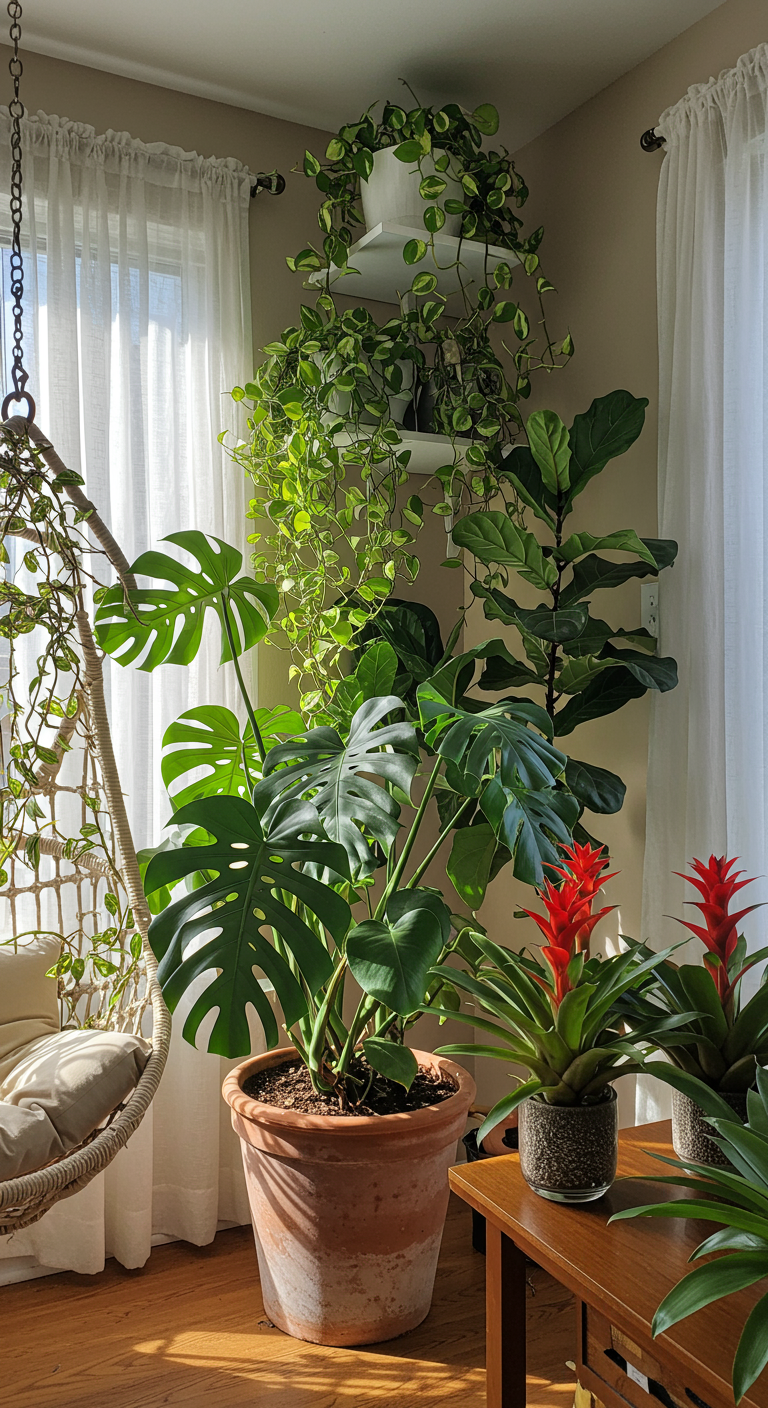 Tropical Indoor Escapes - A sun-drenched living room corner transformed into a tropical indoor escape. A large monstera deliciosa plant with characteristic split leaves dominates the scene, potted in a weathered terracotta pot. Lush pothos vines cascade from a high shelf, their glossy leaves reflecting the sunlight. A woven hammock chair hangs nearby, inviting relaxation.