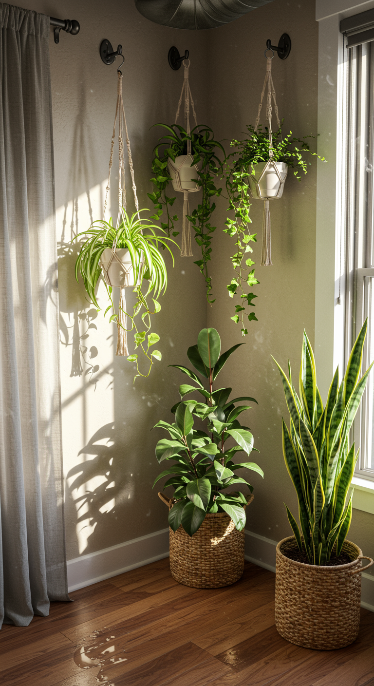 Hanging Garden Corners - Photorealistic interior of a living room corner transformed into a hanging garden. Pothos and spider plants cascade from macrame hangers suspended from ceiling hooks, illuminated by soft, diffused window light. A slightly crooked, hand-potted snake plant sits on a small corner shelf, casting a faint shadow on the textured wall behind it.
