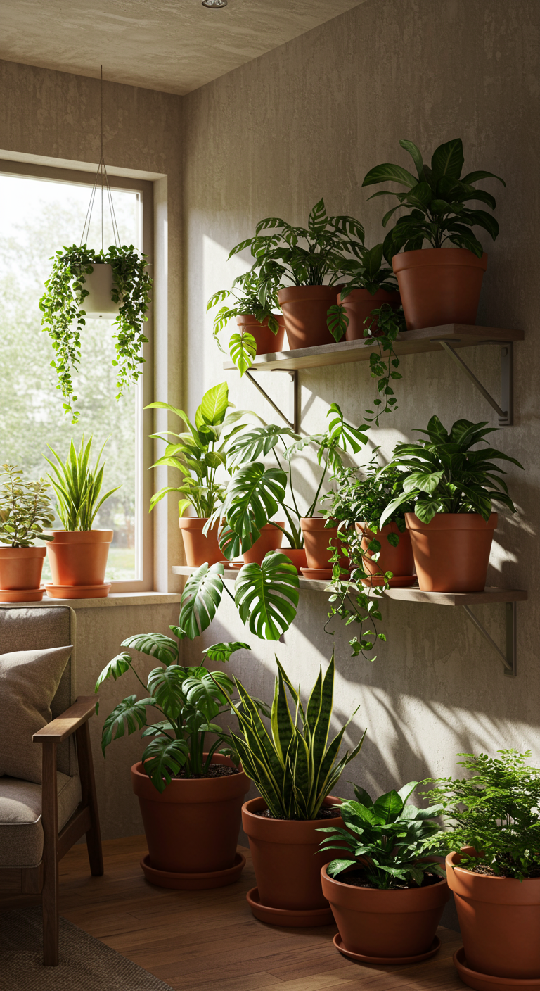 Modern Nature Sanctuaries - Photorealistic interior design photograph of a modern nature sanctuary in a real home, featuring a diverse collection of plants including monstera, pothos, snake plants, and ferns arranged on floating shelves and in terracotta pots. Natural light streams through a nearby window, illuminating dust motes in the air and casting realistic shadows on a textured wall. A comfortable armchair and a bookshelf filled with well-worn books are visible in the background, creating a sense of lived-in tranquility.