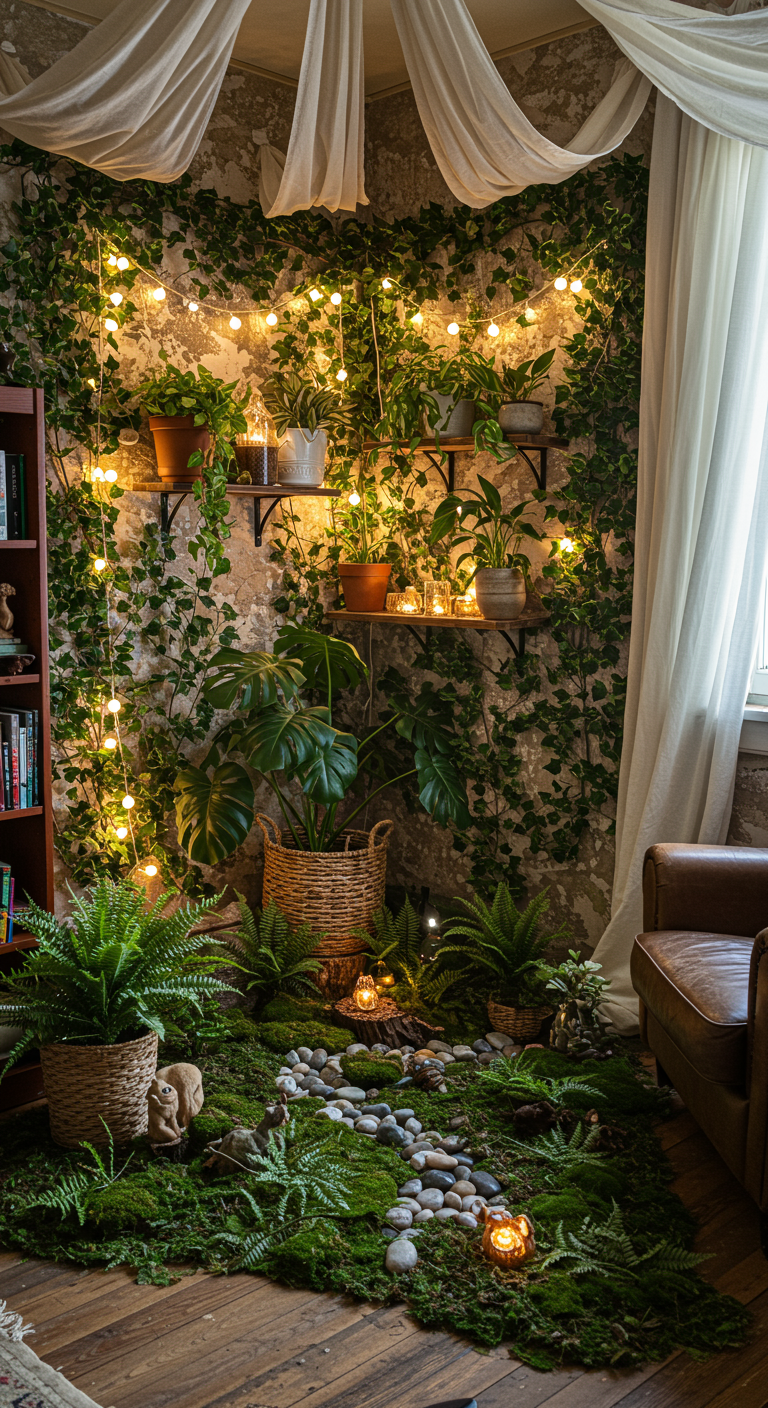 Enchanted Forest Spaces - A photorealistic interior of a cozy living room corner transformed into an enchanted forest. Twinkling fairy lights are strung across climbing ivy, which creates a living wall effect. Ferns and moss cover the floor, interspersed with smooth river stones and a small, slightly chipped ceramic figurine of a woodland creature. 