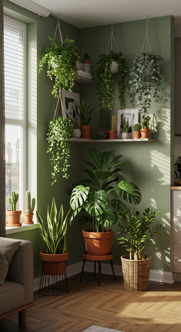Green Corners: Low Maintenance - Photorealistic interior design image: A sunlit green corner in a modern apartment, featuring a variety of low-maintenance plants like snake plants, pothos cascading from a floating shelf, and a small ZZ plant in a terracotta pot on a woven basket stand. Diffused window light casts soft shadows on a textured wall, showcasing a nearby bookshelf filled with books and decorative objects. A comfortable couch with linen cushions is partially visible in the background, adding to the lived-in feel.