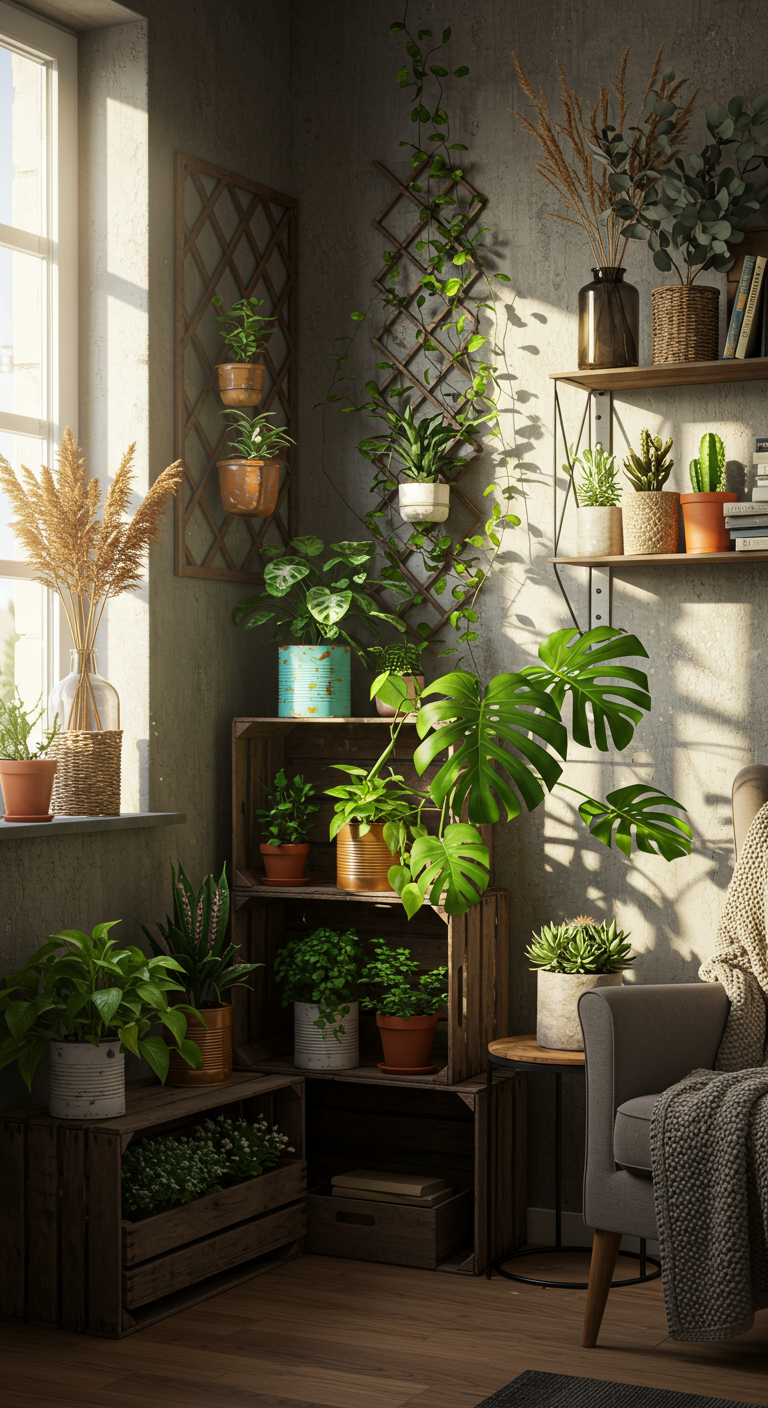 Upcycled Green Corners - A sun-drenched living room corner featuring a repurposed wooden crate as a tiered plant stand overflowing with a variety of plants, including a trailing pothos and a vibrant fern; the crates show signs of wear and slight paint chipping, adding character. An adjacent windowsill is crowded with terracotta pots housing succulents and cacti, bathed in the warm morning light, casting realistic shadows on the textured wall behind. A comfortable armchair with a knitted blanket sits nearby, suggesting a cozy reading nook, with a partially visible bookshelf in the background filled with worn paperbacks..
