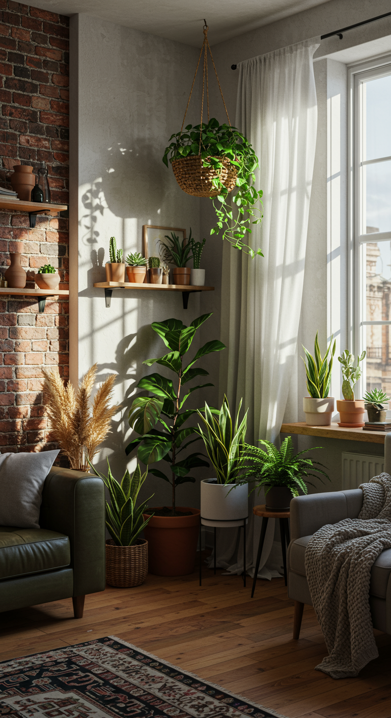 Boho Green Corners - A photorealistic interior showcasing a boho green corner in a sunlit apartment alcove, featuring a variety of plants including a large monstera in a terracotta pot, a trailing pothos cascading from a woven basket hanging from the ceiling, and a collection of succulents on a floating shelf. Visible in the background are a linen couch with colorful throw pillows, a bookshelf filled with books and pottery, and textured white walls.