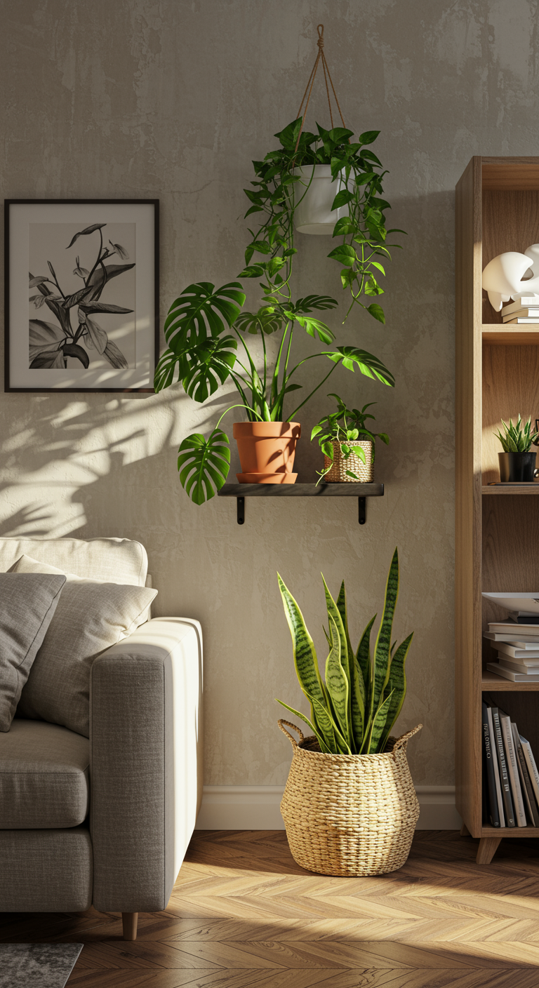 Sustainable Green Living - Photorealistic interior design, dedicated green corner in a real home, bright morning sun illuminating a monstera plant in a terracotta pot, pothos cascading from a floating shelf, snake plant in a woven basket on the floor, visible background elements include a linen couch with slight wrinkles, a wooden bookshelf filled with books and scattered paper, and a textured wall with a slightly crooked picture frame, hardwood flooring with minor scratches, overall feel is effortlessly livable and emotionally nourishing.