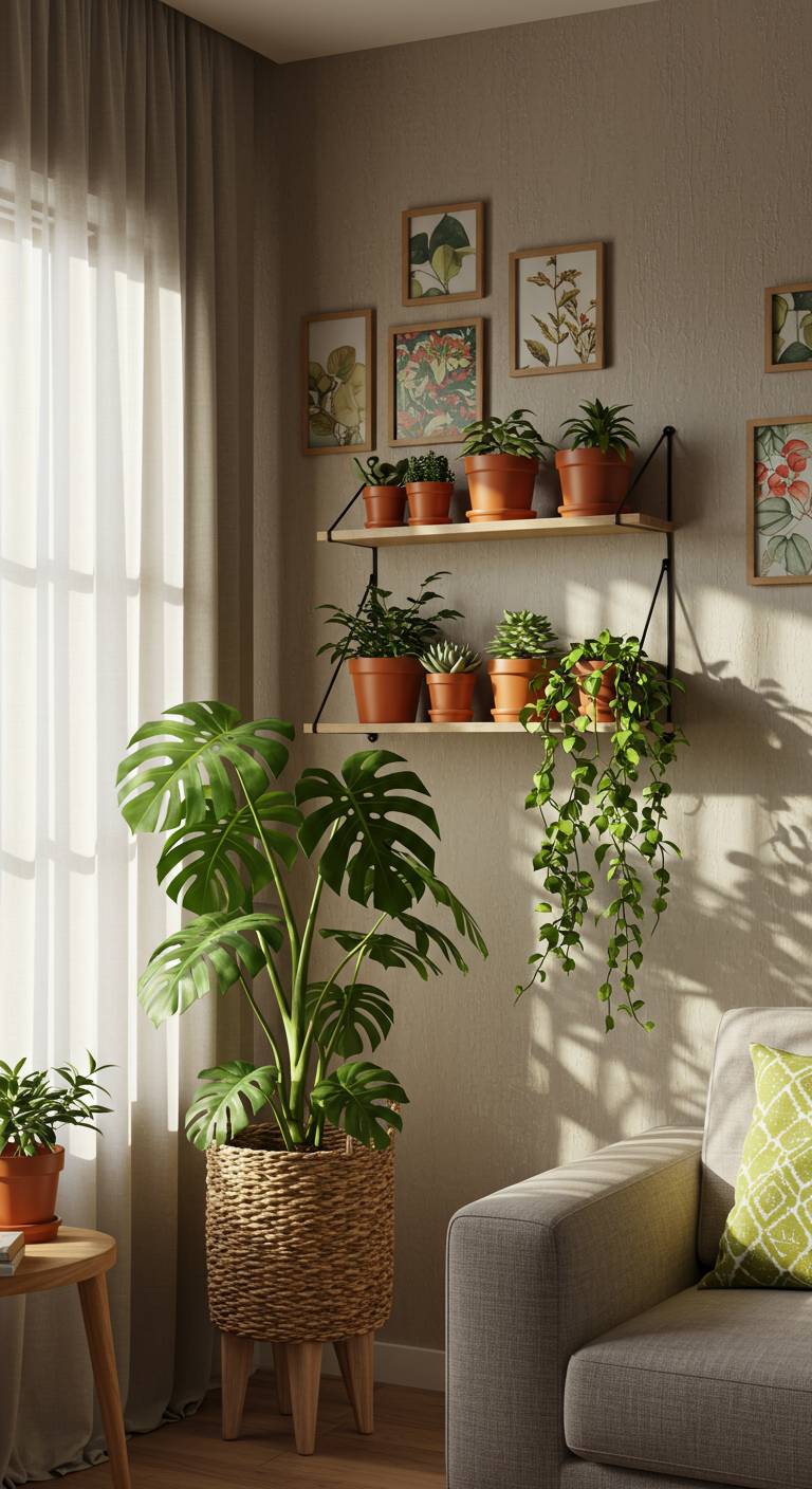 Eco-Chic Green Corners - Photorealistic interior design, a dedicated green corner in a sun-drenched living room, featuring a variety of plant types: a large monstera in a woven basket, cascading pothos on a floating shelf, and a collection of succulents in terracotta pots on a windowsill. Visible background elements include a linen couch, a bookshelf filled with colorful books, and textured walls with framed art. Morning light streams through sheer curtains, casting realistic shadows, with slightly uneven paint texture on the walls.