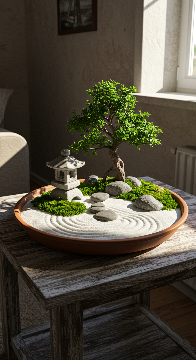 Zen Indoor Gardens - Photorealistic interior design, a tranquil Zen indoor garden in a sunlit apartment alcove. Fine white sand meticulously raked into swirling patterns surrounds carefully placed river stones and a miniature bonsai tree. Patches of vibrant green moss add texture and color, while a small, weathered stone lantern provides a focal point. A shallow, earthenware dish contains the garden, resting on a distressed wooden table with subtle scratches and imperfections. Soft, diffused sunlight streams through a nearby window, casting gentle shadows and highlighting the natural textures of the sand, stone, and moss. The background features a slightly worn, textured wall and a glimpse of a comfortable couch, suggesting a lived-in, peaceful atmosphere.
