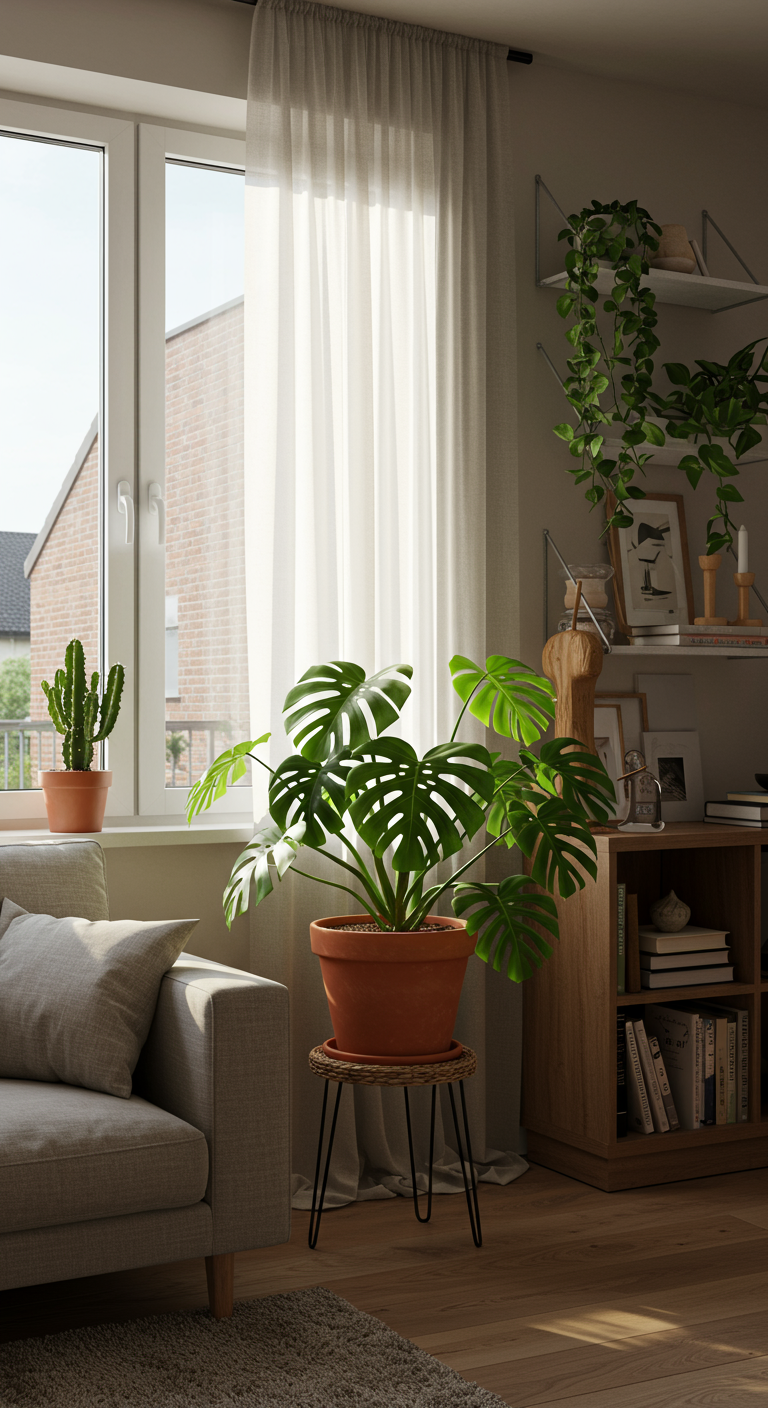 Botanical Green Corners - A photorealistic interior design image showcases a dedicated green corner in a modern living room. A large monstera plant in a terracotta pot sits on a woven basket stand, its leaves reaching towards the bright morning sun streaming through a sheer curtained window. A snake plant and a pothos cascade from a floating shelf above, while a small cactus sits on the windowsill, partially obscuring a view of a brick building. Visible background elements include a linen couch with textured throw pillows, a bookshelf filled with books and decorative objects, and a slightly worn wooden floor. The scene feels effortlessly livable, with realistic shadows and a sense of natural light diffusion.