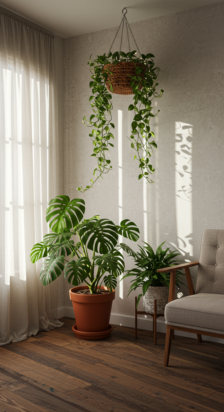 Sunny Green Corners - A sun-drenched living room corner transforms into a vibrant indoor garden. A large monstera deliciosa stands proudly in a terracotta pot on the floor, its leaves casting intricate shadows on the textured white wall. Above, a trailing pothos cascades from a woven basket suspended from the ceiling, its vines interspersed with fairy lights. Sunlight streams through a sheer linen curtain, illuminating dust motes dancing in the air and highlighting the imperfections in the aged wooden floorboards. A comfortable armchair sits nearby, inviting relaxation amidst the lush greenery.