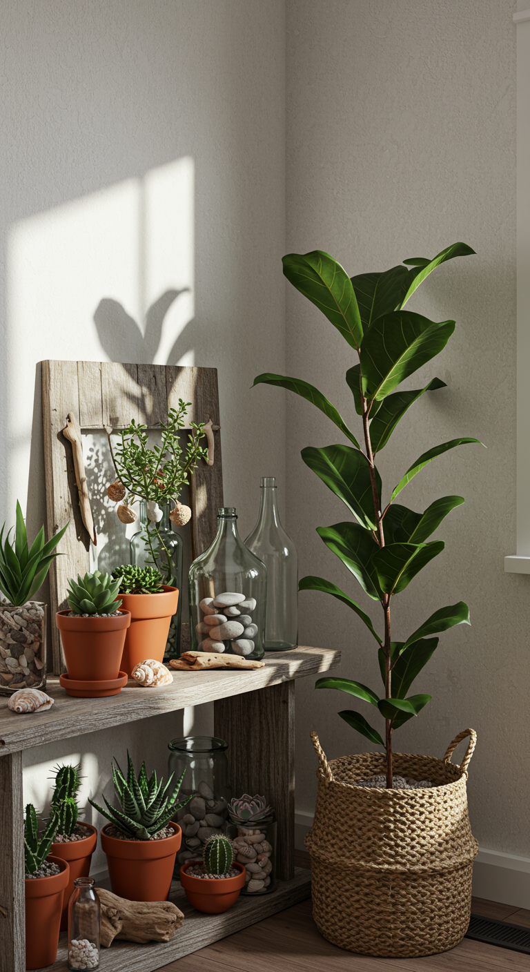Coastal Indoor Gardens - Photorealistic interior design, coastal indoor garden in a sunlit living room corner. Succulents, seashells, driftwood, and smooth rocks arranged in terracotta pots and glass vases on a weathered wooden shelf. A fiddle leaf fig stands tall in a woven basket on the floor, casting a soft shadow on a textured white wall. Imperfectly placed seashells, slightly dusty leaves, and a small water stain on the shelf add realism.