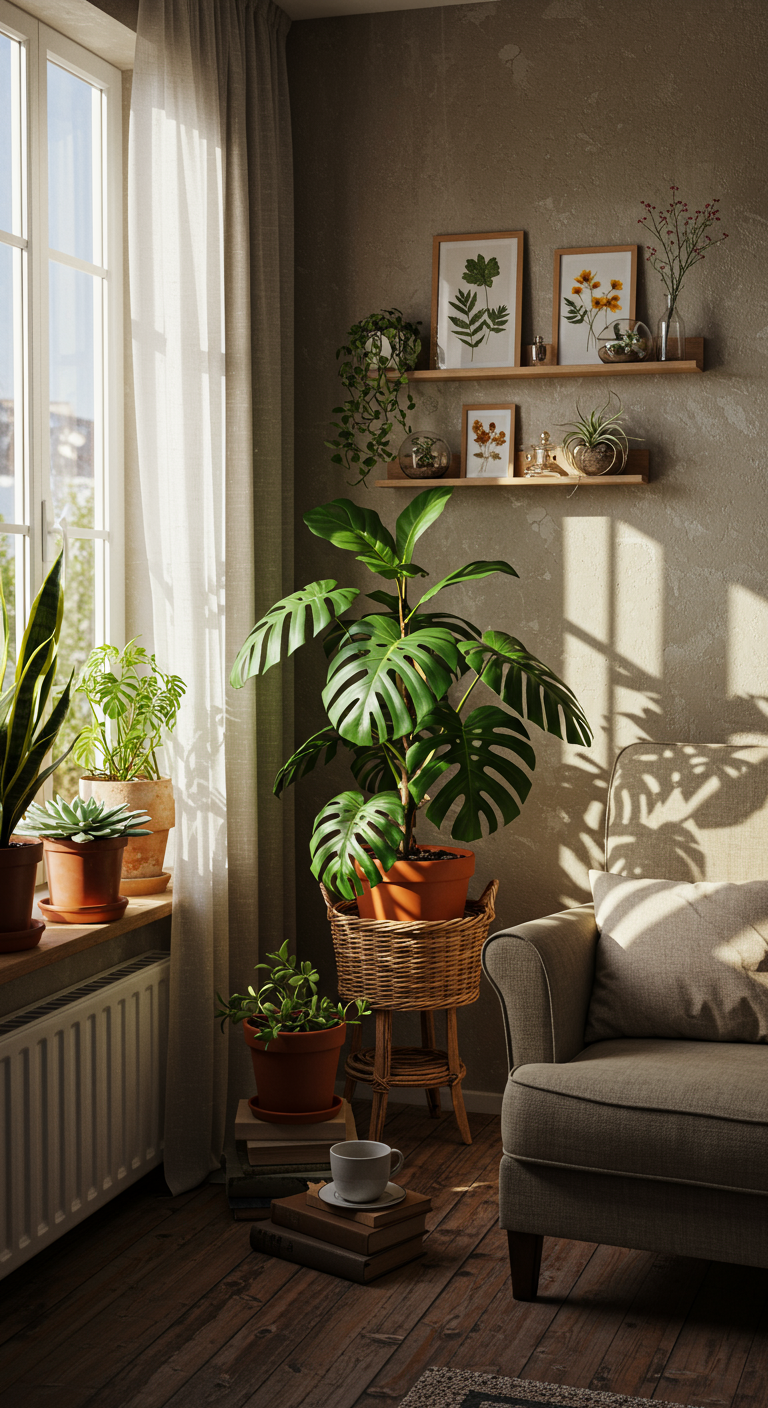 Artistic Indoor Nature - Photorealistic interior, bright living room corner bathed in morning sun, showcasing a curated collection of indoor plants. Large monstera deliciosa in a terracotta pot sits beside a woven basket holding a snake plant, casting shadows on the textured wall. Sunlight streams through sheer curtains, illuminating dust motes in the air and revealing subtle imperfections on the aged wooden floor. A vintage armchair with a linen throw pillow sits nearby, inviting relaxation amidst the greenery.