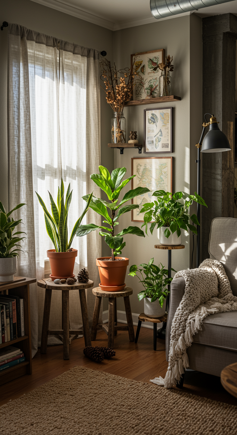 Rustic Nature Nooks - A cozy, sunlit rustic nook in a modern apartment living room. A woven rug sits beneath a weathered wooden side table adorned with a terracotta pot containing a thriving snake plant. Pinecones and smooth river stones are scattered artfully around the base. Sunlight streams through sheer linen curtains, casting soft shadows on a nearby bookshelf filled with well-worn novels.