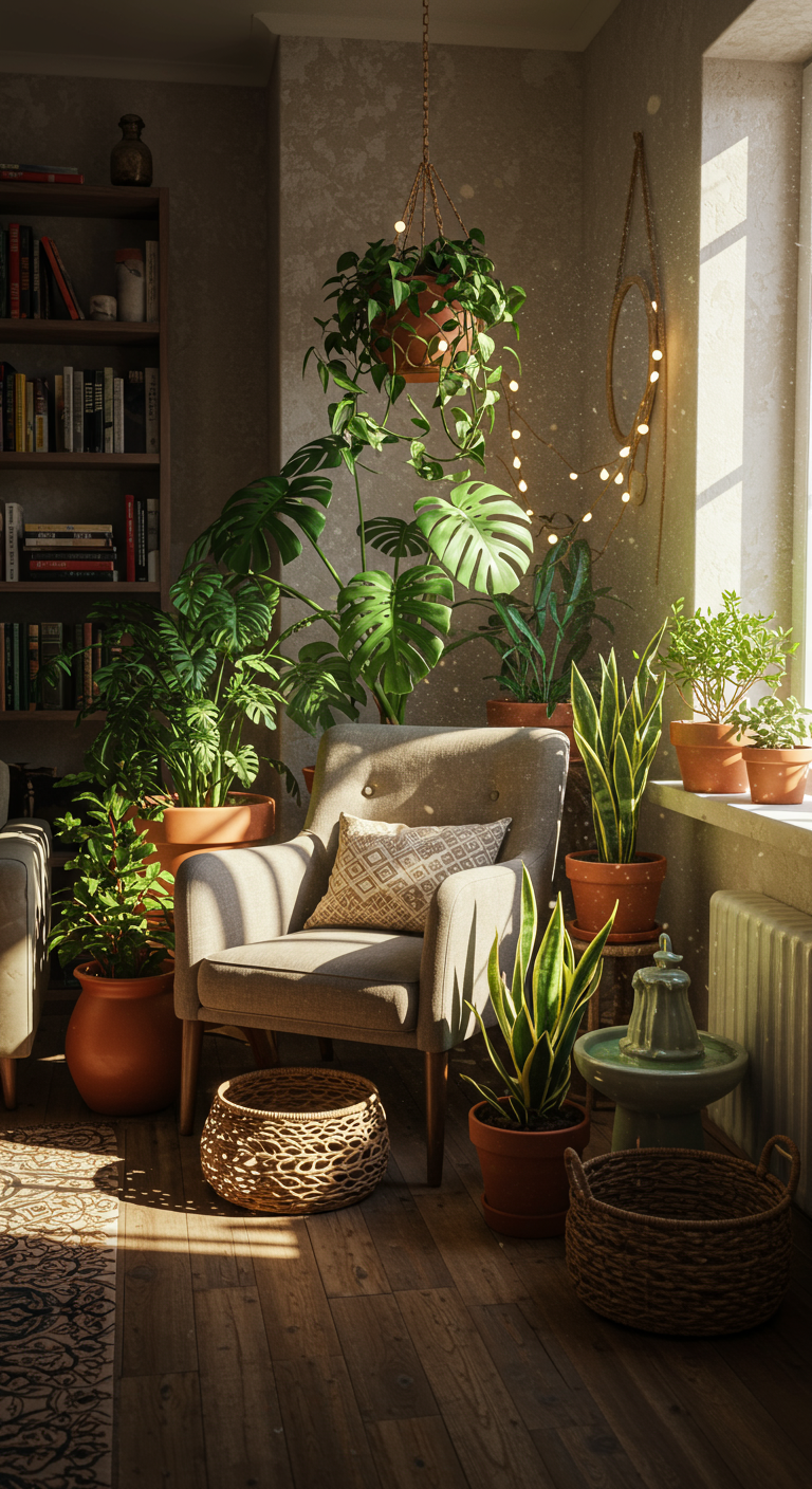 Whimsical Green Retreats - A photorealistic interior showcasing a whimsical green retreat in a sun-drenched apartment alcove. A comfortable armchair sits amidst a lush collection of potted plants: a large monstera, trailing pothos, and a sculptural snake plant. Fairy lights are draped artfully among the foliage, casting a soft glow.