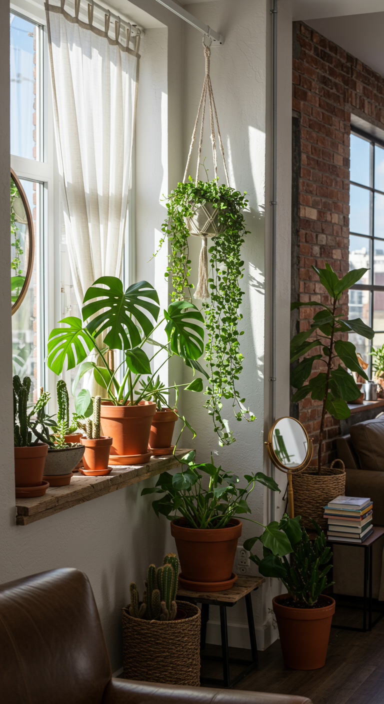 Secret Garden Interiors - Photorealistic interior of a sun-drenched living room corner transformed into a lush indoor garden. A large monstera deliciosa dominates the scene, its broad leaves casting shadows on a textured white wall. Terracotta pots overflow with pothos vines cascading down a rustic wooden shelf. Sunlight streams through sheer linen curtains, illuminating dust motes dancing in the air. A worn leather armchair sits nearby, hinting at a lived-in, comfortable space.