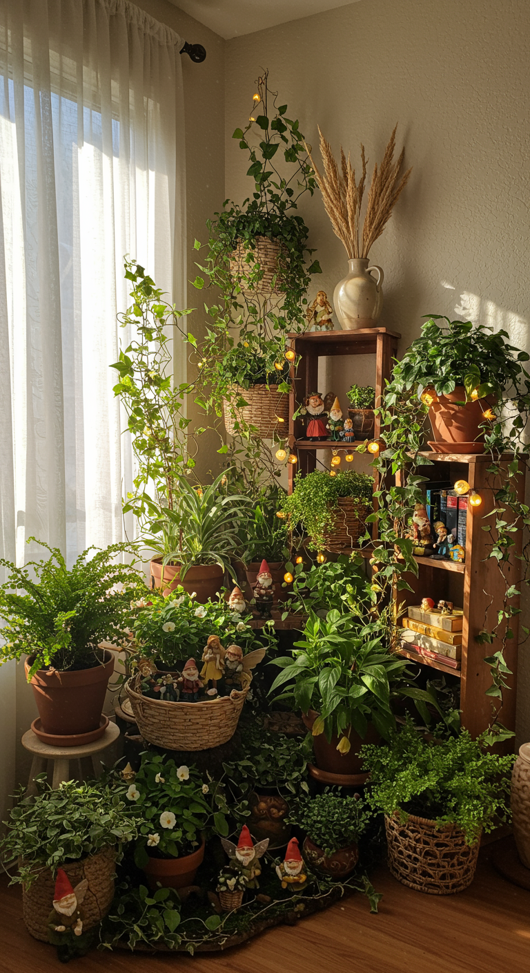 Fairy Tale Green Spaces - Photorealistic interior design image: a sunlit living room corner transformed into a miniature enchanted forest. Lush ferns, trailing ivy, and delicate flowering plants spill from terracotta pots and woven baskets, creating a whimsical, slightly overgrown aesthetic. Tiny figurines of gnomes and fairies are nestled among the foliage, illuminated by soft, warm fairy lights woven through the branches.