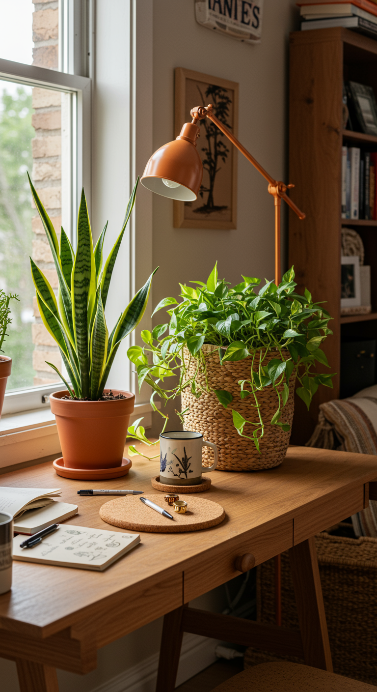 Nature-Inspired Workspaces - A photorealistic interior design image showcasing a nature-inspired workspace in a modern apartment. A wooden desk sits near a large window, bathed in soft, diffused light, hosting a thriving collection of potted plants: a small snake plant in a terracotta pot, a trailing pothos cascading from a woven basket, and a cluster of succulents arranged on a cork coaster. The desk is slightly cluttered with a few open notebooks, pens scattered casually, and a half-empty mug, adding a touch of lived-in realism. Earth-toned walls, a patterned rug, and a glimpse of a bookshelf filled with books in the background complete the cozy, inviting scene.