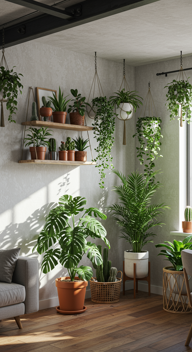 DIY Nature Retreats - A photorealistic interior design shot of a dedicated green corner in a sun-drenched living room. A large monstera plant sits in a terracotta pot on the floor, its leaves casting shadows on a textured white wall. A woven basket holds a snake plant, while a pothos vine cascades from a floating shelf above a comfortable couch.