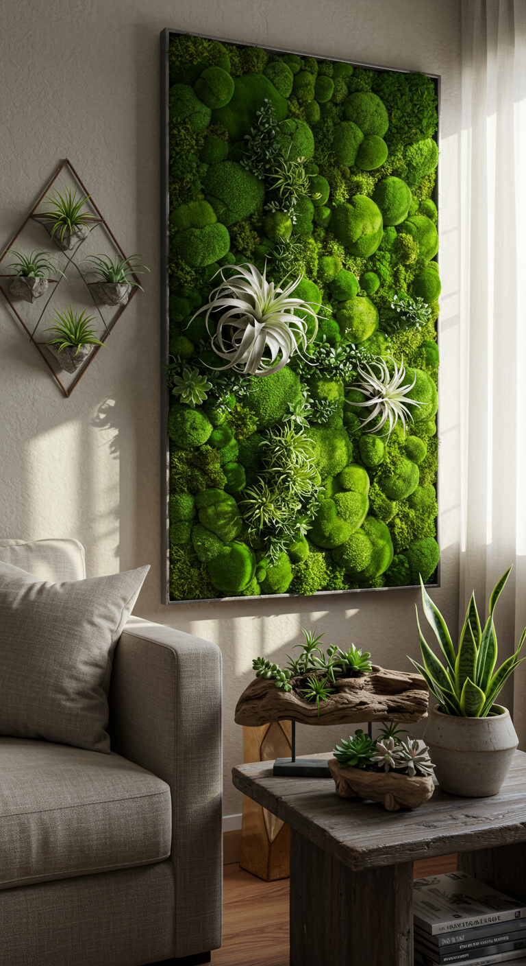 Sculptural Nature Features - Photorealistic interior of a sun-drenched living room featuring a sculptural moss wall as a focal point, resembling a living painting with varying textures and shades of green. The moss wall is subtly imperfect, with slight discoloration in some areas, enhancing realism. A variety of air plants are arranged in a geometric metal frame mounted on a nearby wall, casting delicate shadows.