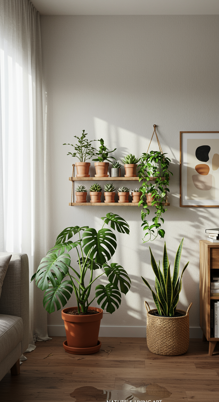 Nature's Living Art - Photorealistic interior design photograph showcasing a bright, sunlit living room corner transformed into a "Nature's Living Art" display. A large monstera plant sits in a terracotta pot on the floor, its leaves casting shadows on a textured white wall. A floating shelf holds a collection of smaller succulents in ceramic pots, alongside a trailing pothos plant cascading down the side.