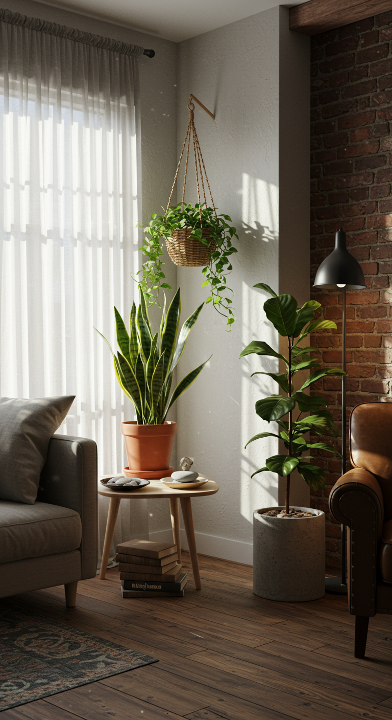 Minimalist Indoor Nature - Photorealistic interior design, minimalist green corner in a sunlit living room. A large snake plant sits in a simple terracotta pot on a light wood side table next to a linen-covered sofa. Sunlight streams through sheer curtains, casting soft shadows on a textured white wall. A few carefully chosen books are stacked nearby.
