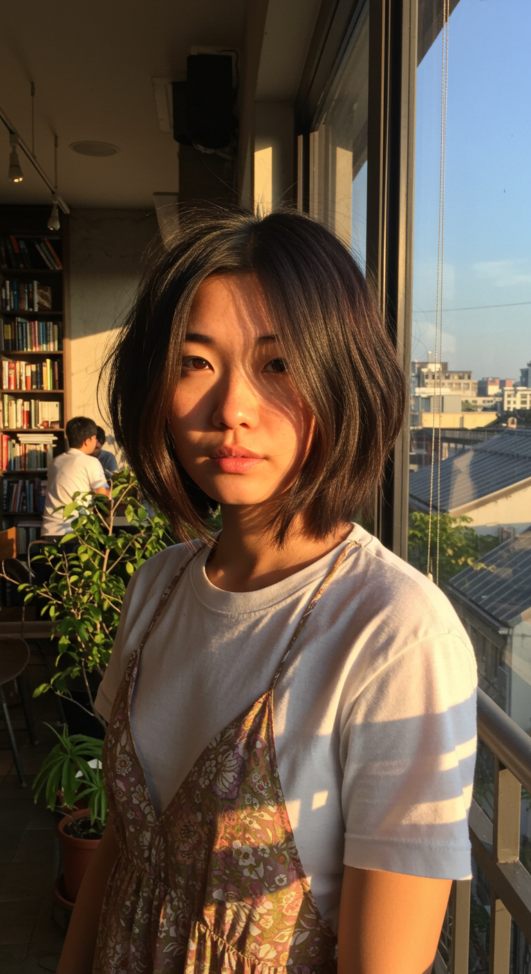 Natural Asian Layered Bobs - Photorealistic portrait of a young East Asian woman with a soft, layered bob haircut, standing in a sunlit cafe. Her hair has natural shine and slight flyaways, with layers framing her face. She wears a simple white tee and has subtle makeup, revealing freckles and pores. The background is sharp, showing the cafe's interior with other patrons and detailed decor.