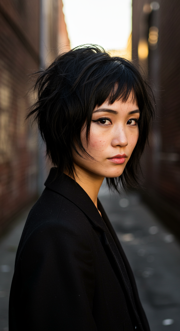 Edgy Asian Layered Cuts - A photorealistic portrait of a young East Asian woman with a sharp, asymmetrical layered bob featuring choppy ends and bold side-swept bangs. Her jet-black hair has slight movement and visible flyaways. She’s standing in an urban alley with brick walls and graffiti in the background, shot during golden hour with warm, directional light casting soft shadows on her cheekbones. Her expression is confident and edgy, skin shows natural pores and light blemishes.