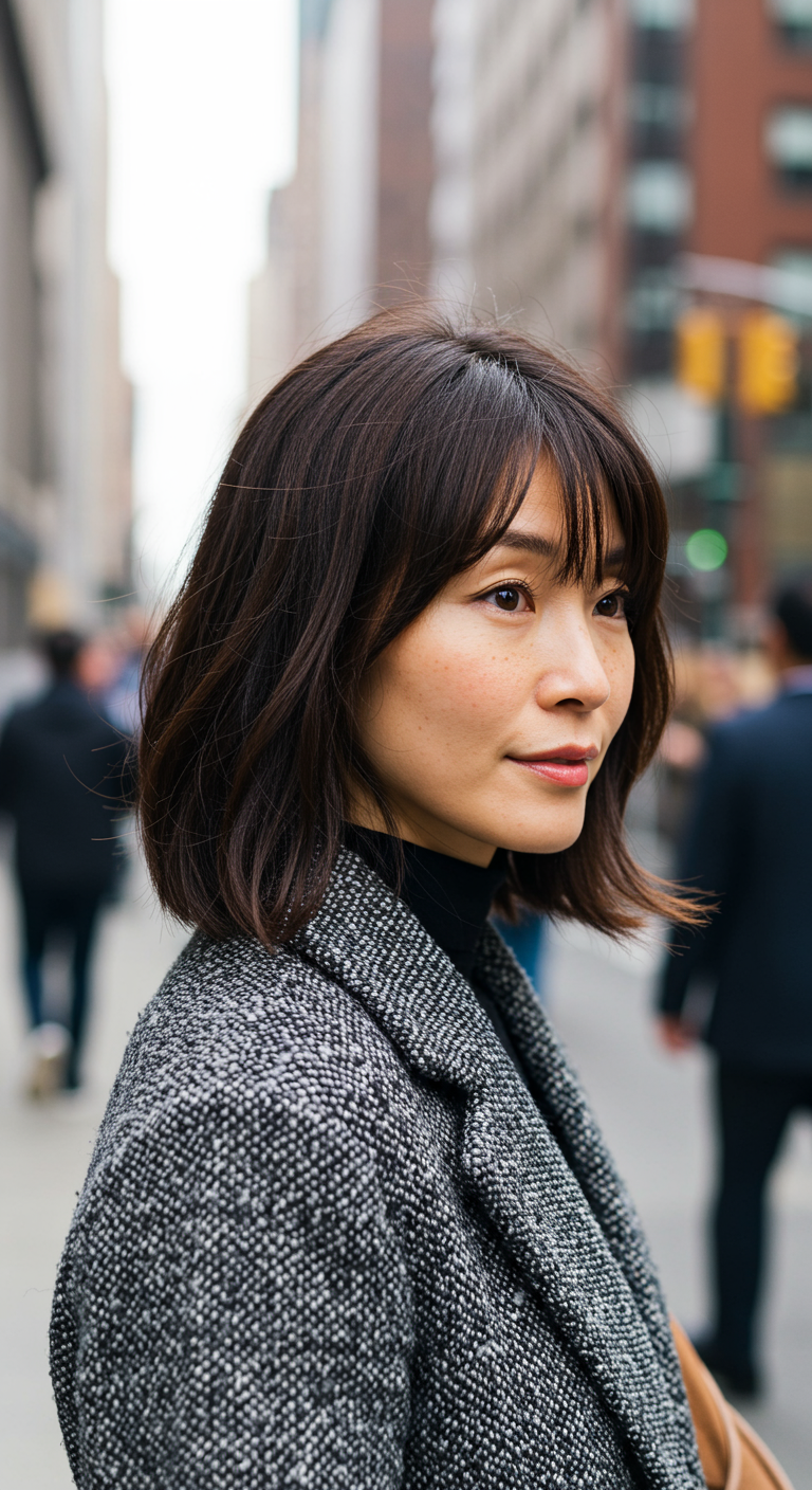 Modern Asian Layers - A photorealistic shot of a stylish East Asian woman in her early 30s with a shoulder-length, softly layered cut and curtain bangs. She's walking down a busy city sidewalk during an overcast morning. Her dark brown hair has visible shine, with layers framing her cheeks naturally. The scene includes sharp architectural elements and pedestrians in motion. Her outfit is smart-casual, and her skin texture includes slight wrinkles near the eyes and light freckles.