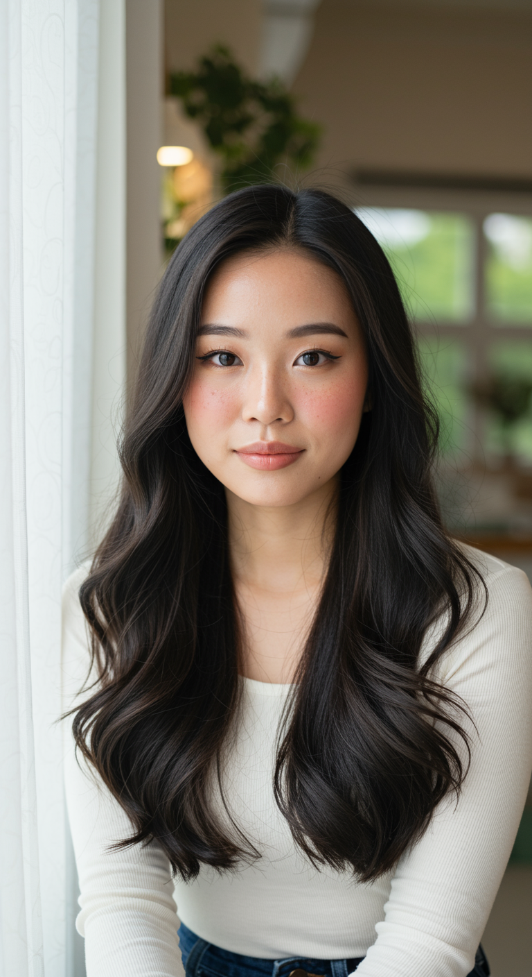 Dreamy Soft Asian Hair - A soft-focus portrait of a Southeast Asian woman in her 20s with long, silky black hair styled in smooth, cascading soft layers. Her hair shines with natural gloss, and the layers move gently in the breeze. She is seated by a window with sheer curtains filtering soft daylight. The background includes a cozy indoor space with pastel tones and green plants. Her skin is dewy with a hint of natural freckles and rosy cheeks.