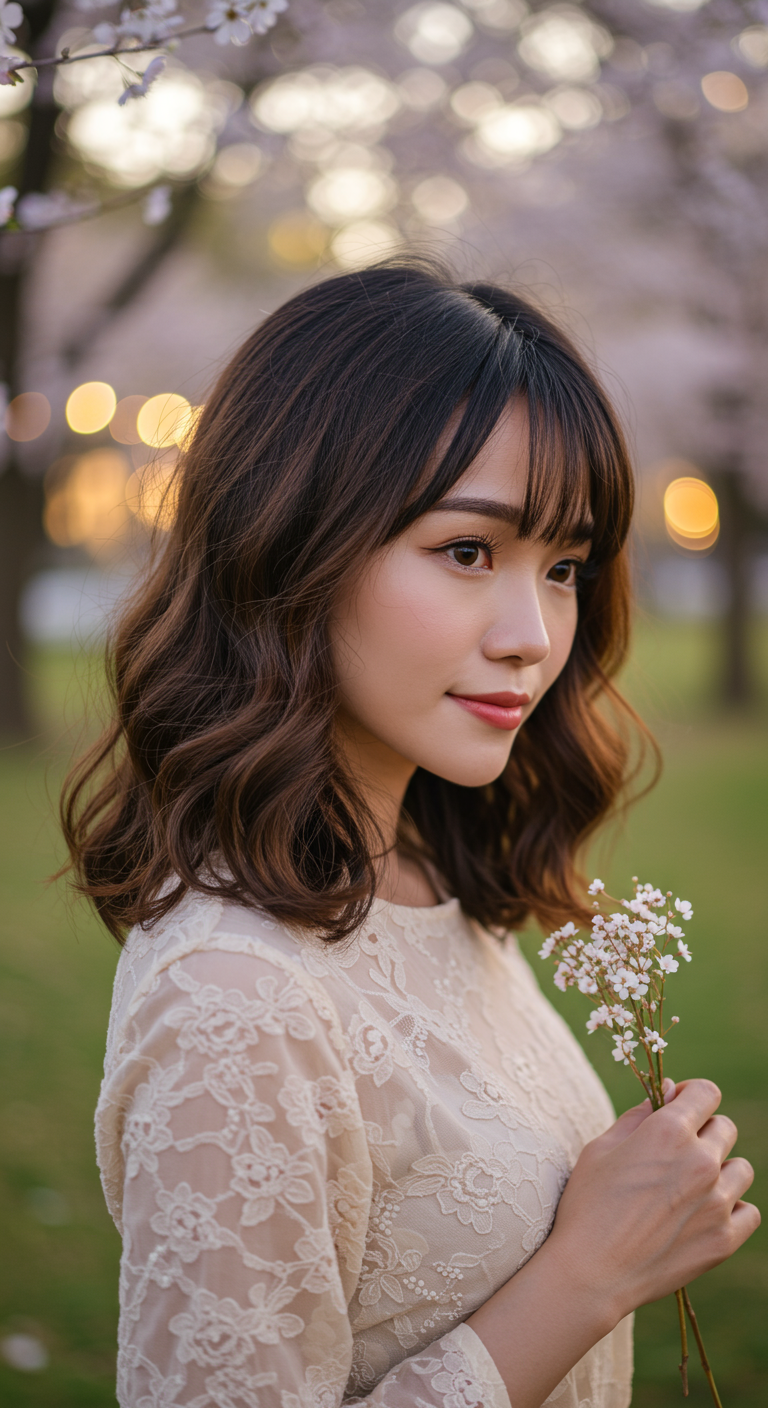 Romantic Asian Hairstyles - A romantic close-up of a Southeast Asian woman with mid-length wavy layers and soft curtain bangs, styled in gentle curls. She stands in a park during golden hour, holding a small bouquet. Her hair glows with soft light, and the environment includes blurred cherry blossoms and fairy lights in the distance. Realistic flyaways, faint smile lines, and delicate makeup complete the dreamy mood.