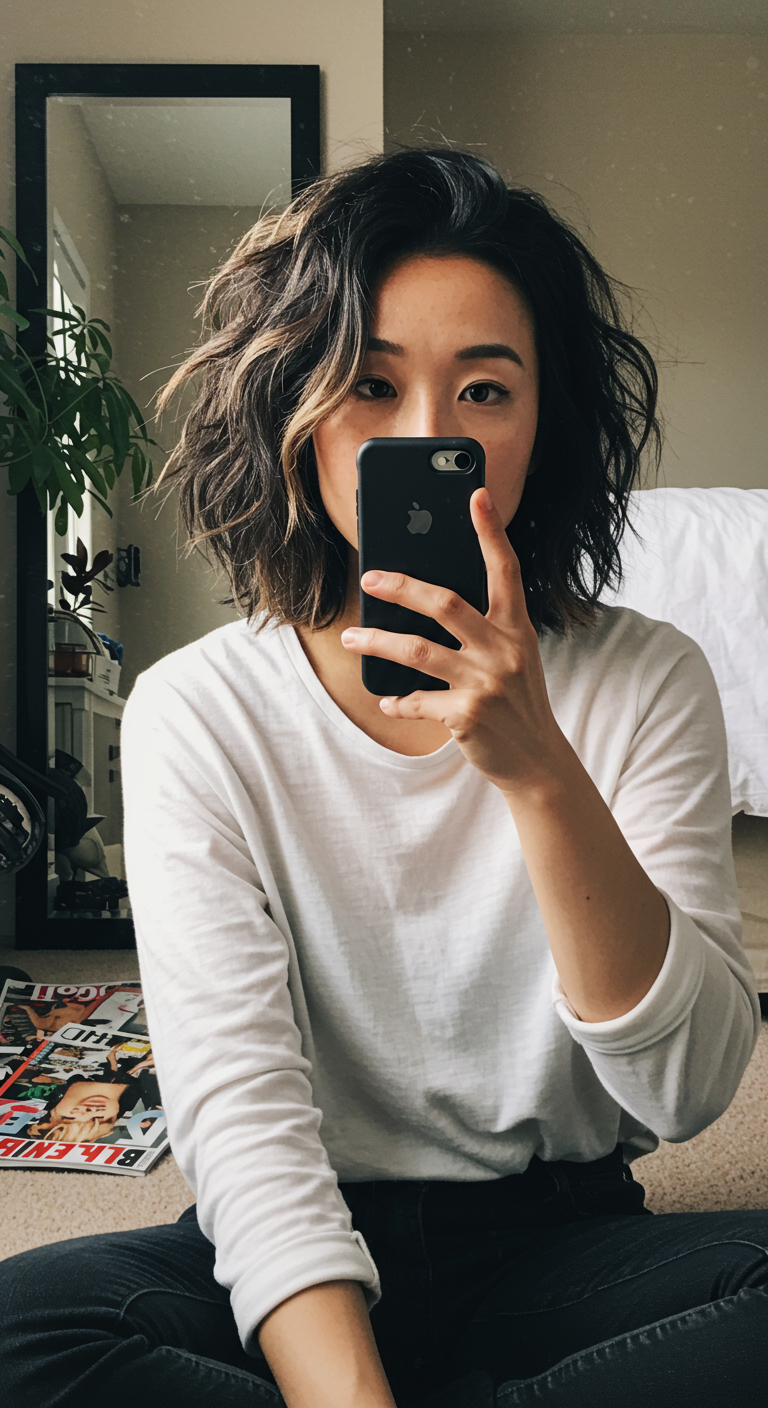 Casual Layered Asian Hair -  candid photo of an East Asian woman with a tousled shoulder-length cut and blended layers, styled to look messy yet chic. She's captured in her bedroom, sitting on the floor in front of a mirror in natural morning light. Her black hair is slightly wavy with casual volume. The room shows scattered magazines, soft bedding, and a houseplant. Her skin has realistic pores and slight under-eye darkness, contributing to the "real life" vibe.