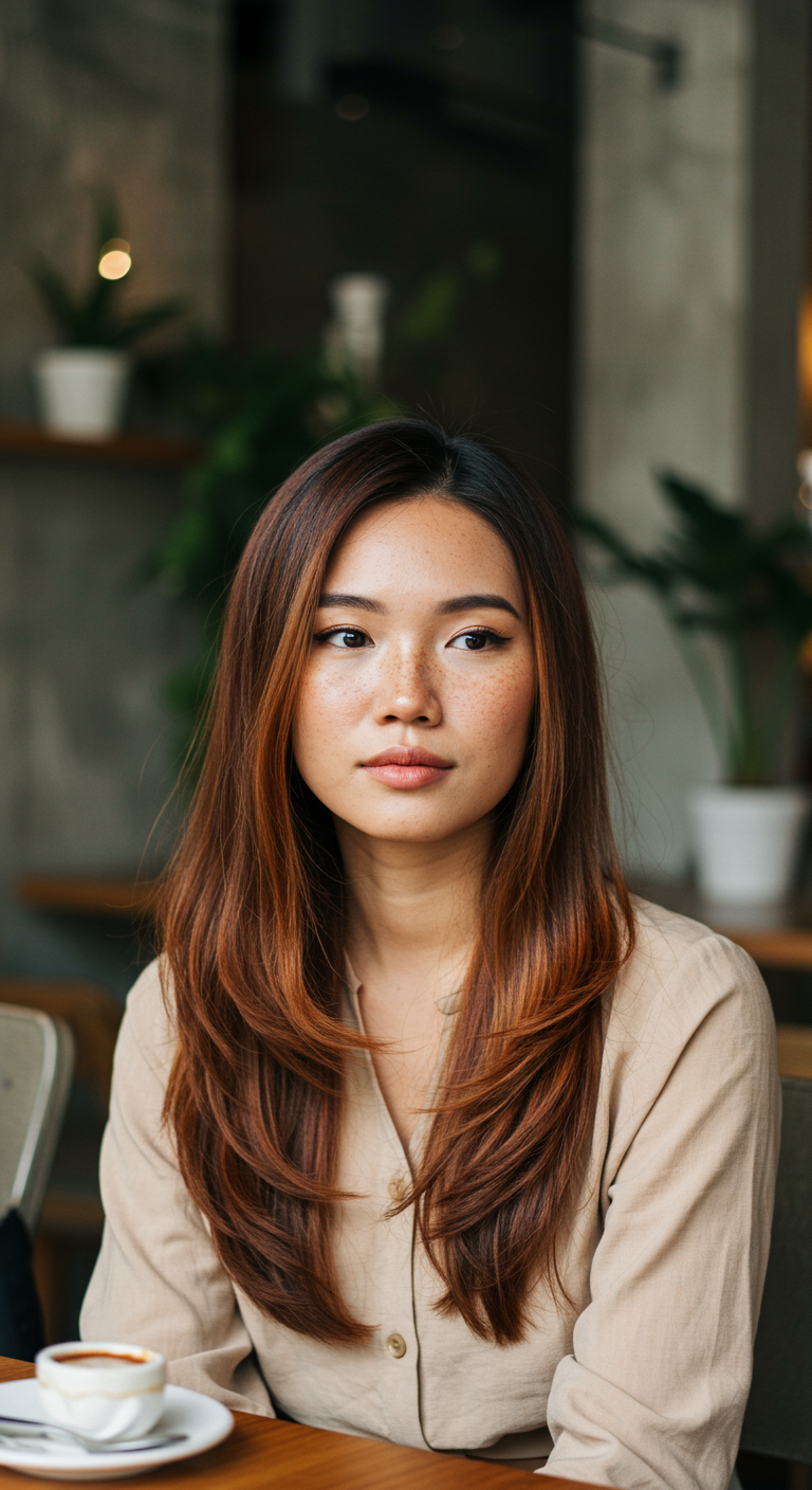 Chic Soft Cut Styles - A high-resolution lifestyle portrait of a fashionable Southeast Asian woman in her late 20s with sleek, long soft layers and a deep side part. Her hair is a rich auburn shade with subtle highlights. She’s seated in a minimalist café interior filled with potted plants, shot in soft daylight. She wears a flowy blouse and has minimal makeup with faint freckles on her cheeks. Background includes visible tableware and textured walls.