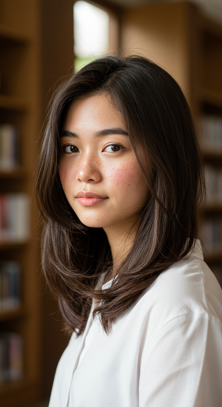 Subtle Asian Layered Styles - A natural portrait of a Thai woman with long, dark brown hair styled in soft, face-framing layers that blend seamlessly into the length. She’s captured in a quiet library with sunlight pouring in from tall windows. Her hair has gentle movement, and her look is relaxed. Her skin shows pores and a few light freckles, with a hint of blush. Bookshelves and soft wood tones fill the sharp, realistic background.