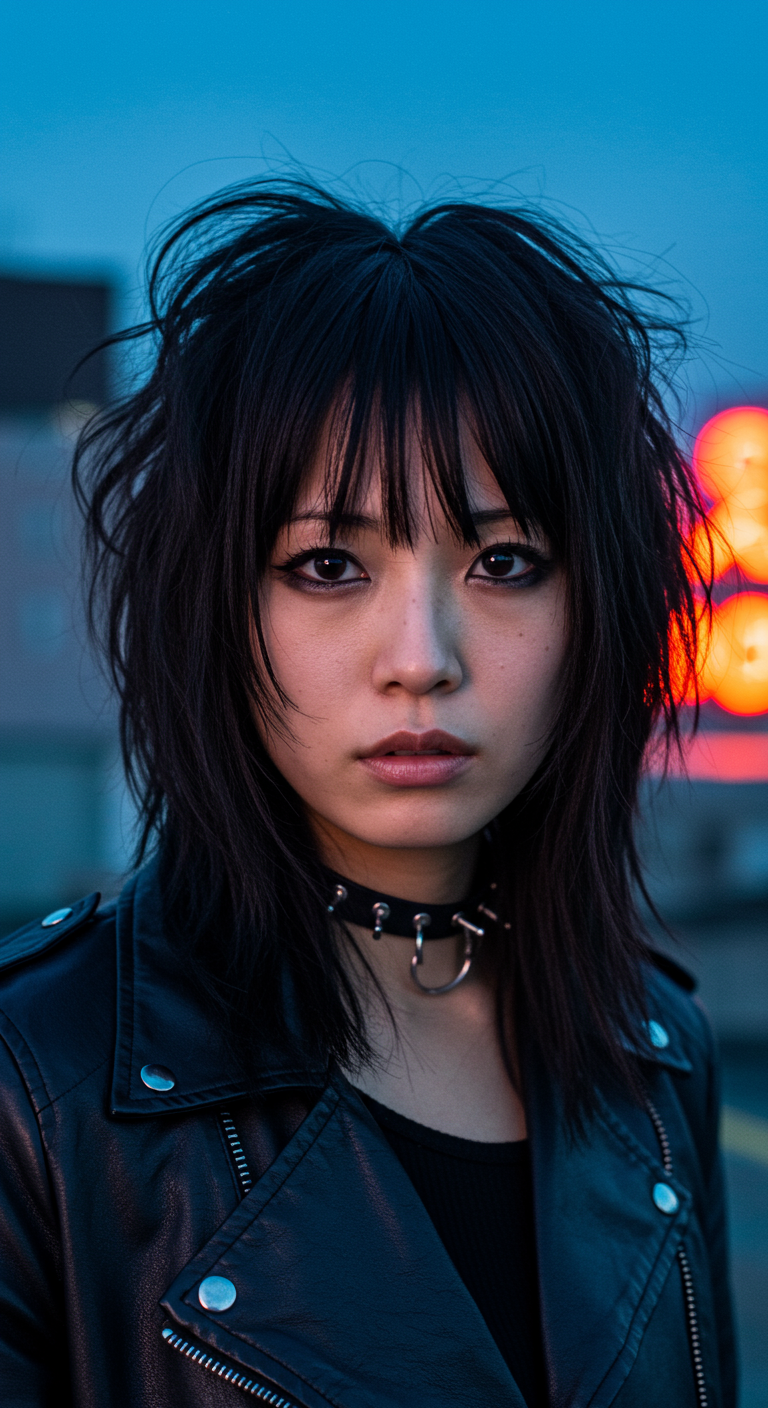 Bold Asian Layered Looks - A dramatic portrait of a Japanese woman with straight black hair cut into bold, uneven layers with a shaggy fringe. The photo is taken outdoors on a rooftop at dusk, with neon city lights behind her. Her leather jacket and intense gaze reinforce the boldness of the look. Her skin texture includes natural oil highlights, soft shadows on her jawline, and visible imperfections around the nose for realism.