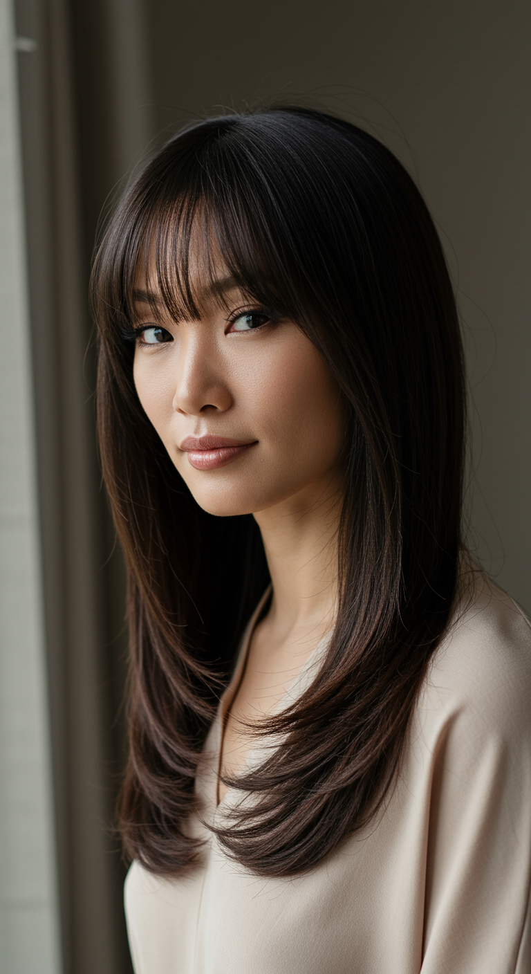 Elegant Asian Soft Hair - A refined indoor portrait of a Vietnamese woman with long, feathered layers and sleek curtain bangs. Her hair has natural shine and subtle movement, styled to fall effortlessly over her shoulders. She stands near a floor-length window in a modern apartment, dressed in a neutral-toned blouse. Lighting is soft and moody, with shadows falling across her collarbone. Realistic skin with mild smile lines, faint under-eye texture, and visible pores.