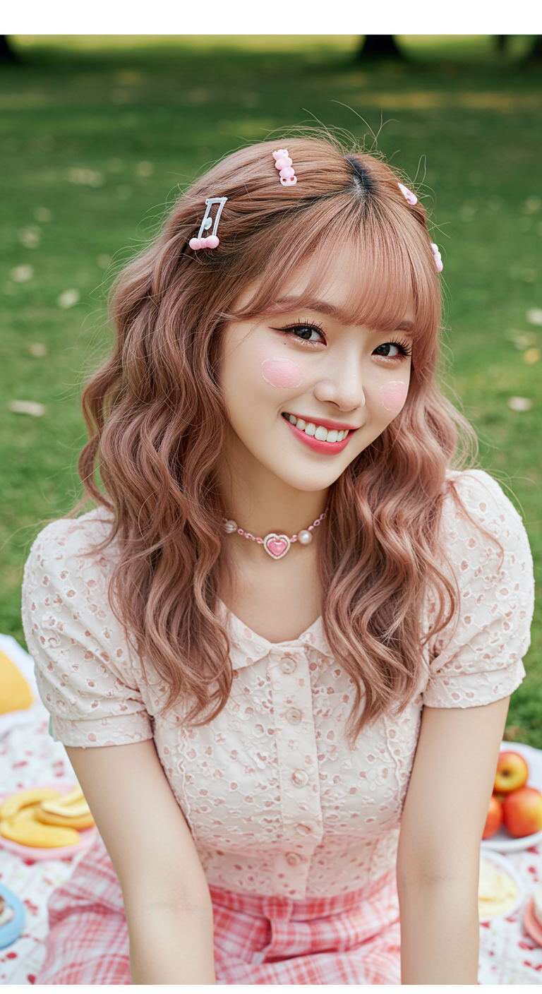 Cute Asian Layered Hairdos - A cheerful portrait of a Korean woman with mid-length soft layers and a light wispy fringe. Her hair is styled into a playful half-updo with loose curls. She's photographed outdoors during spring, sitting on a picnic blanket surrounded by snacks and pastel decorations. Her skin has realistic texture, some shine from the sunlight, and she’s wearing playful accessories. The image is bright and full of youthful energy.
