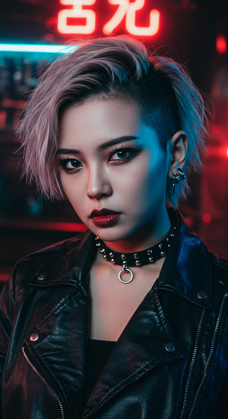 Rebellious Asian Haircuts - A fierce, high-contrast portrait of a South Korean woman with short, choppy layers and an undercut peeked from one side. Her hair is dyed silver with dark roots. She’s standing in a dimly lit bar with neon signage in the background. The image includes dramatic shadows and reflections. Her makeup is bold, but her skin remains detailed and textured with visible pores and a small forehead scar, adding personality.