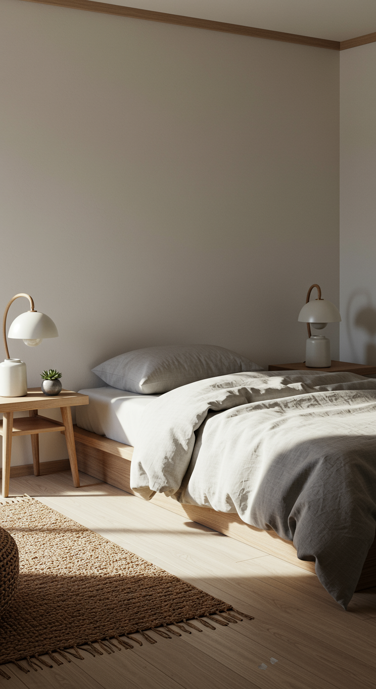 Simple Japandi Bedroom Ideas - A minimalist Japandi bedroom bathed in soft, warm light. The room features a low platform bed with a light gray linen duvet and a few textured cushions. Natural wood bedside tables flank the bed, each adorned with a simple ceramic lamp and a small potted succulent. The walls are painted a serene off-white, and a woven rug made of natural fibers lies on the light wood floor. Subtle imperfections such as slightly wrinkled bedding and a small scratch on the wooden floor add to the realistic feel.
